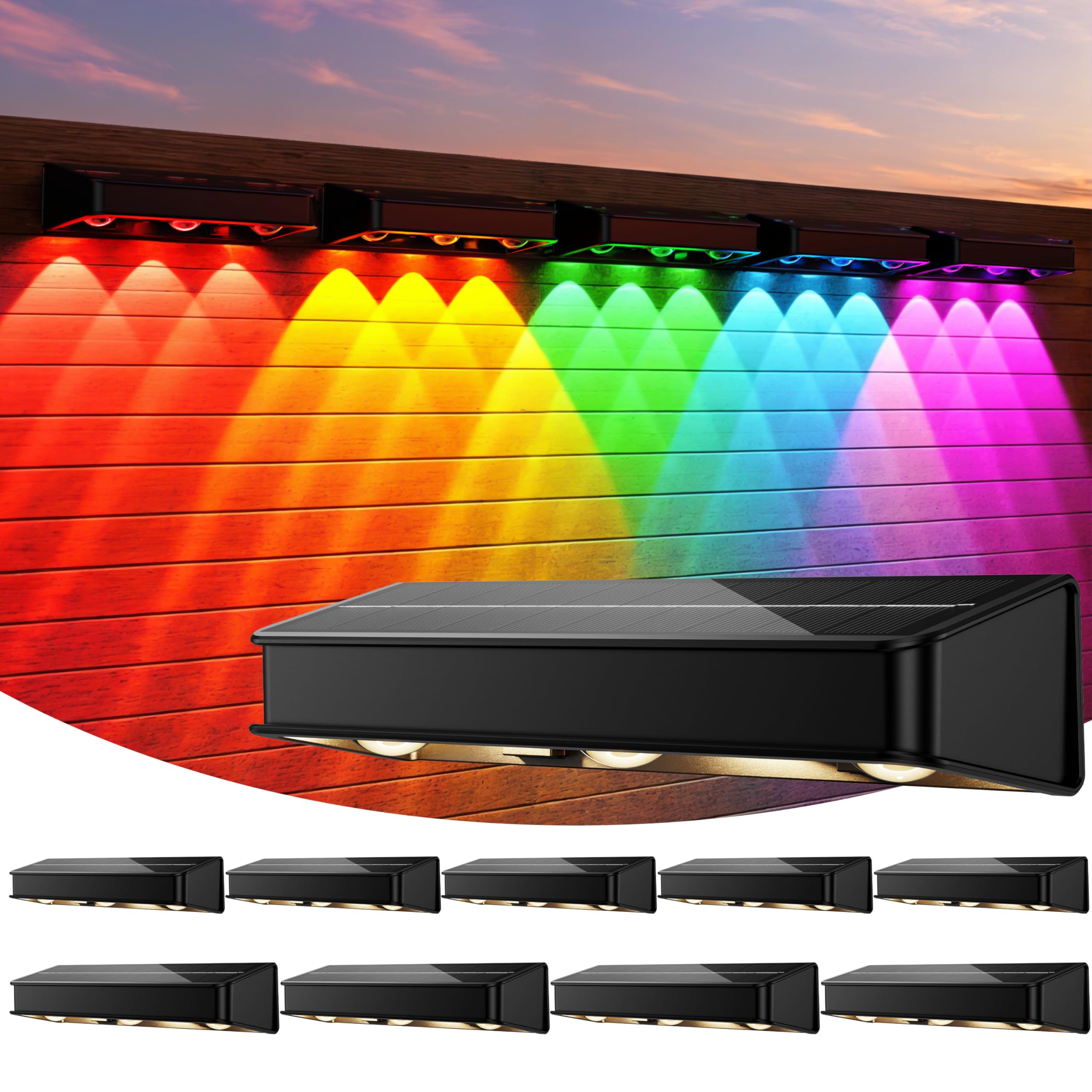 KIALUSH Solar Fence Lights 10 Pack, RGB Color Glow, IP65 Waterproof, Plastic, Model KF04H-3, 3-Light Black