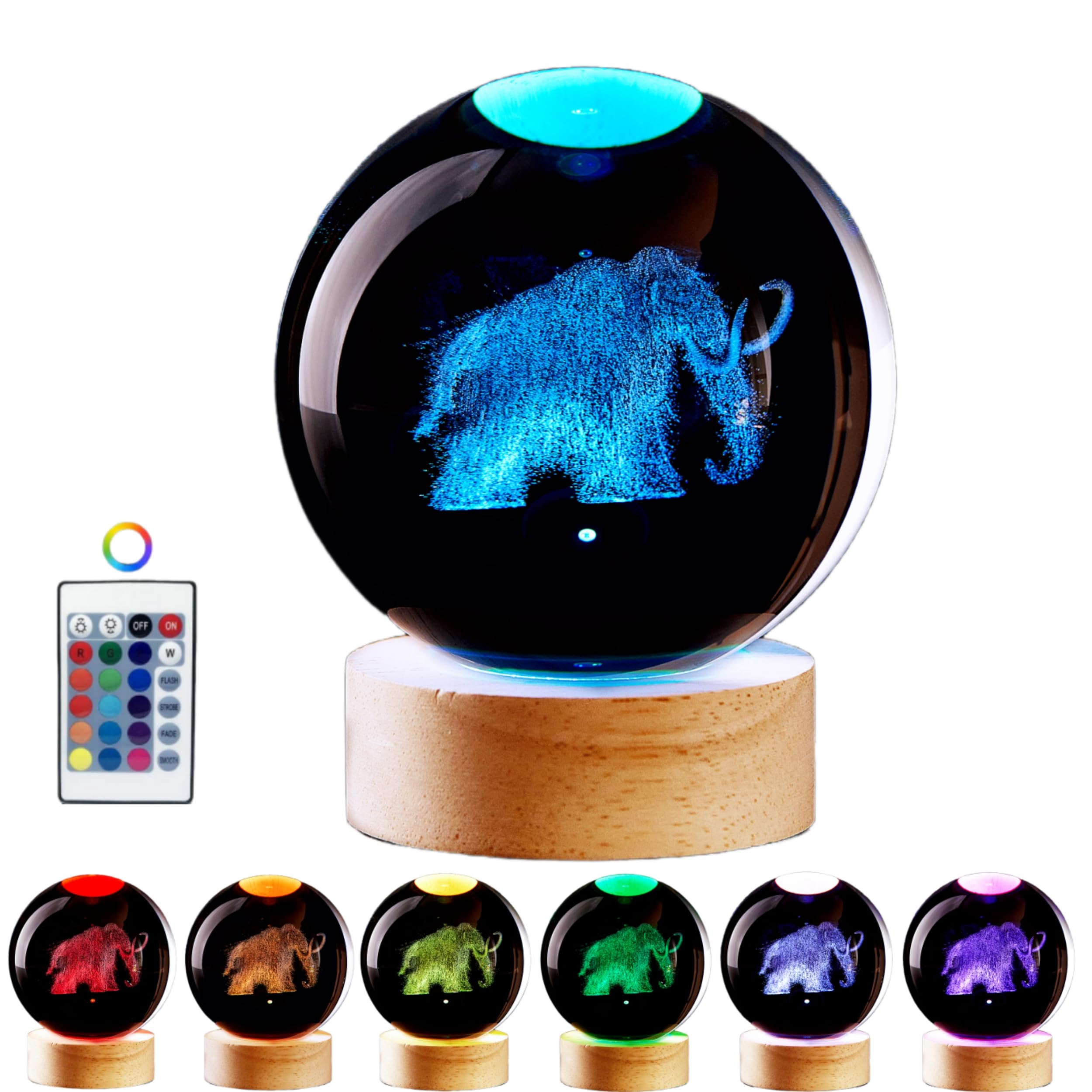 LMLOBEP Large Elephant Crystal Ball Night Light with Woodern Base  3D Mammoth Crystal Lamp 16 Color Changing with Remote Control  Laser Engraved Glass Ball Lamp  Room Decor (Elephant)