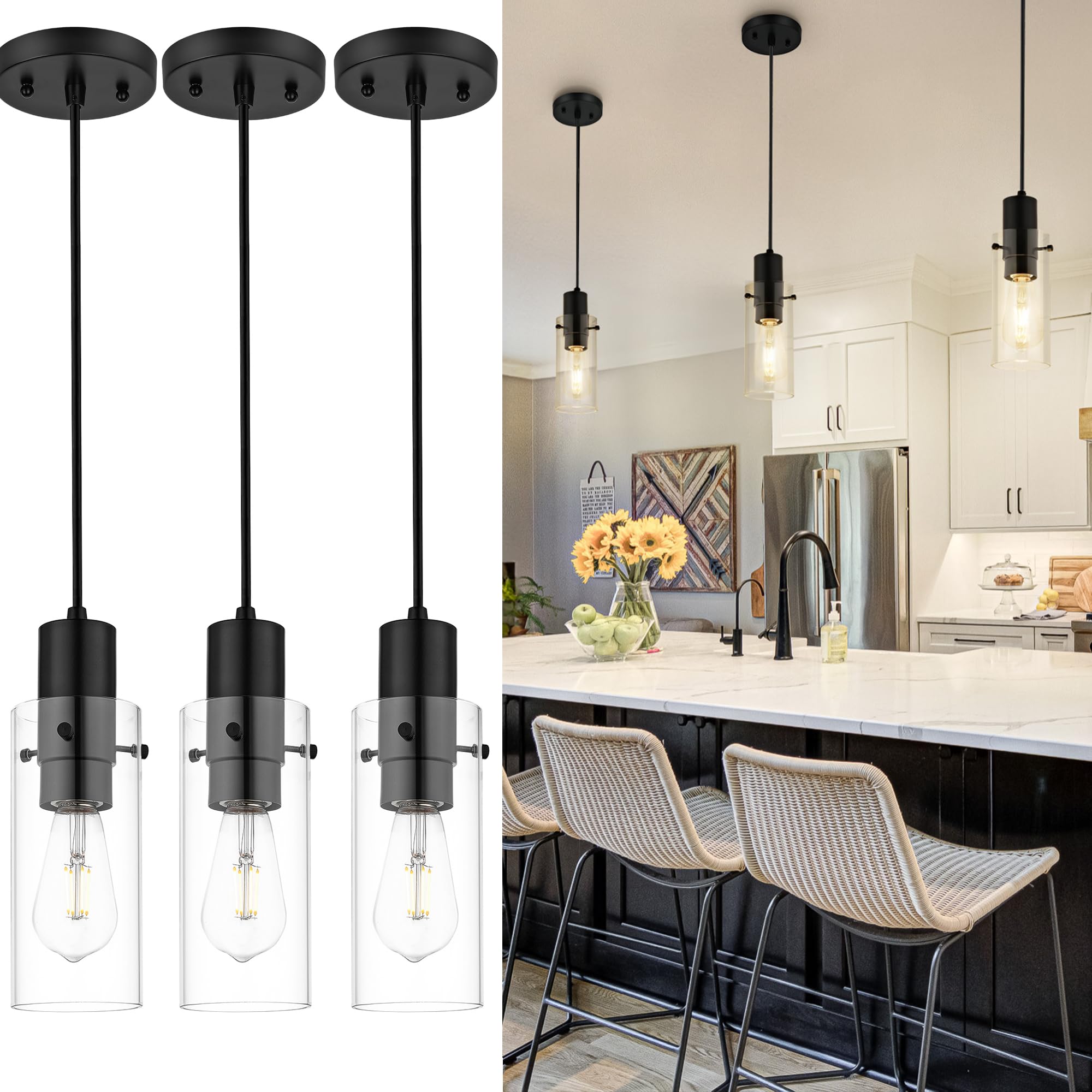 Emak Modern Black Pendant Lights Kitchen Island, 3 Light Farmhouse Pendant Light with Clear Glass Shade, 3 Pack Hanging Light Fi