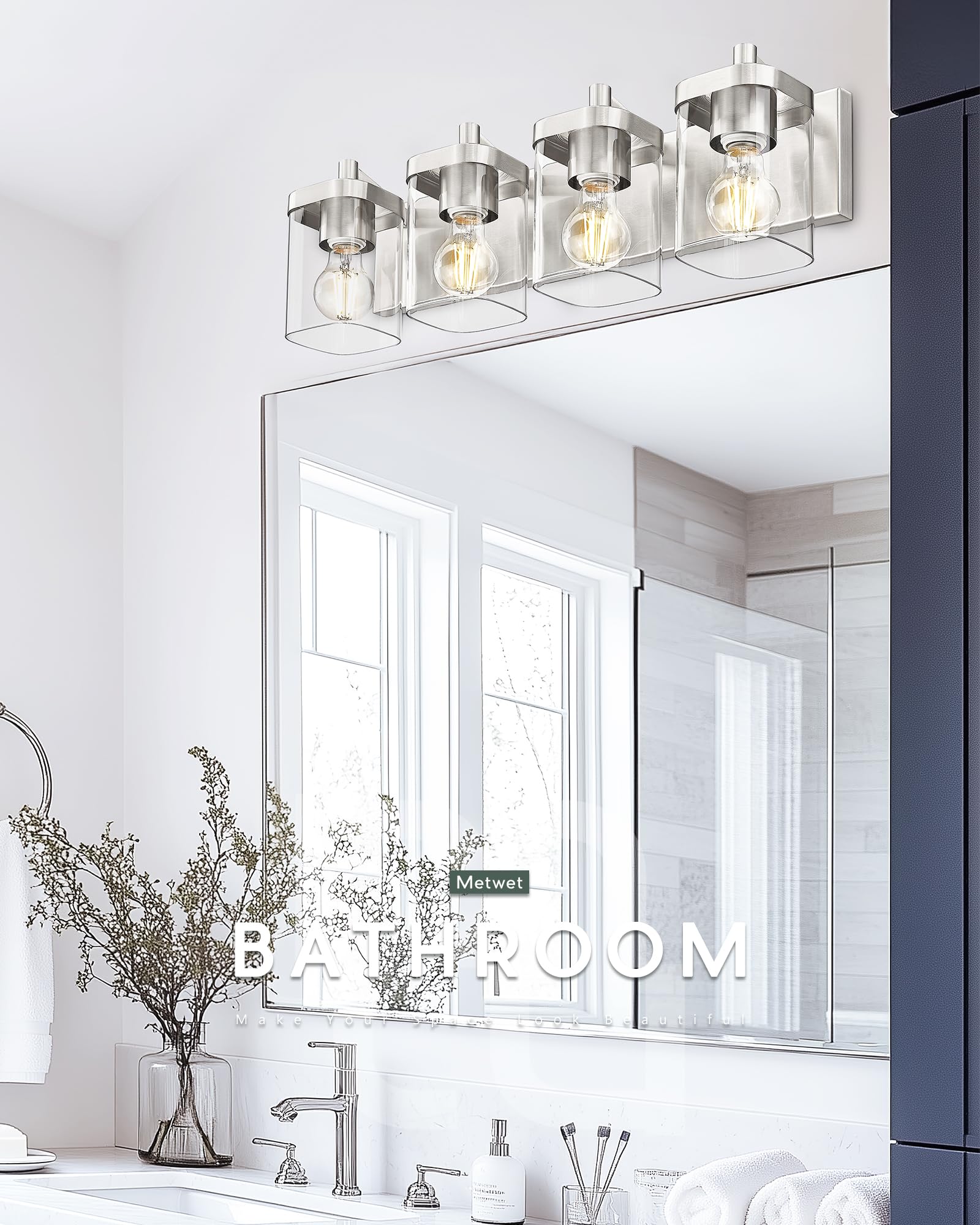 METWET 4-Light Vanity Light Fixtures, Brushed Nickel, Square Clear Glass Shade, Model VL194-BN-4