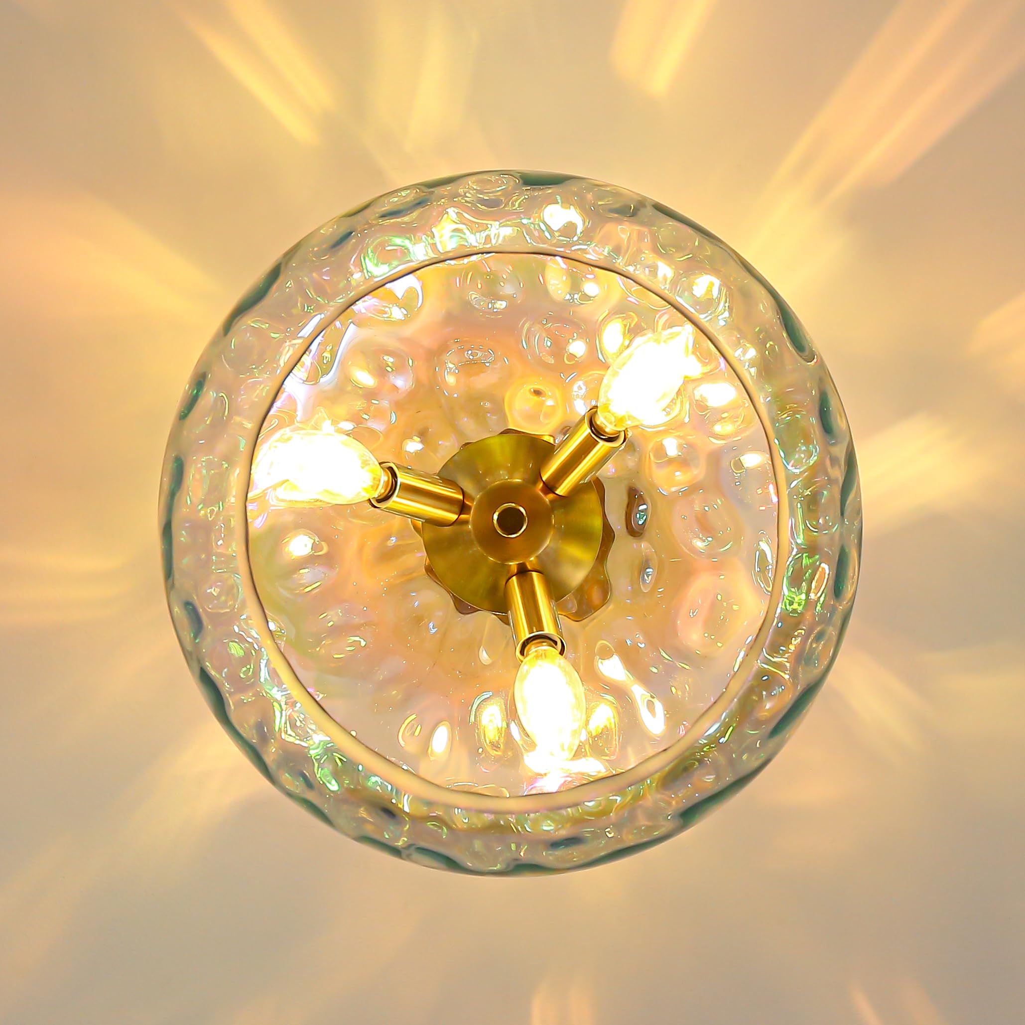 Semi Flush Mount Ceiling Light, 14'' Large 3-Lights Ceiling Light Fixture With Iridescent Hammered Glass Shade, Modern Chandelie