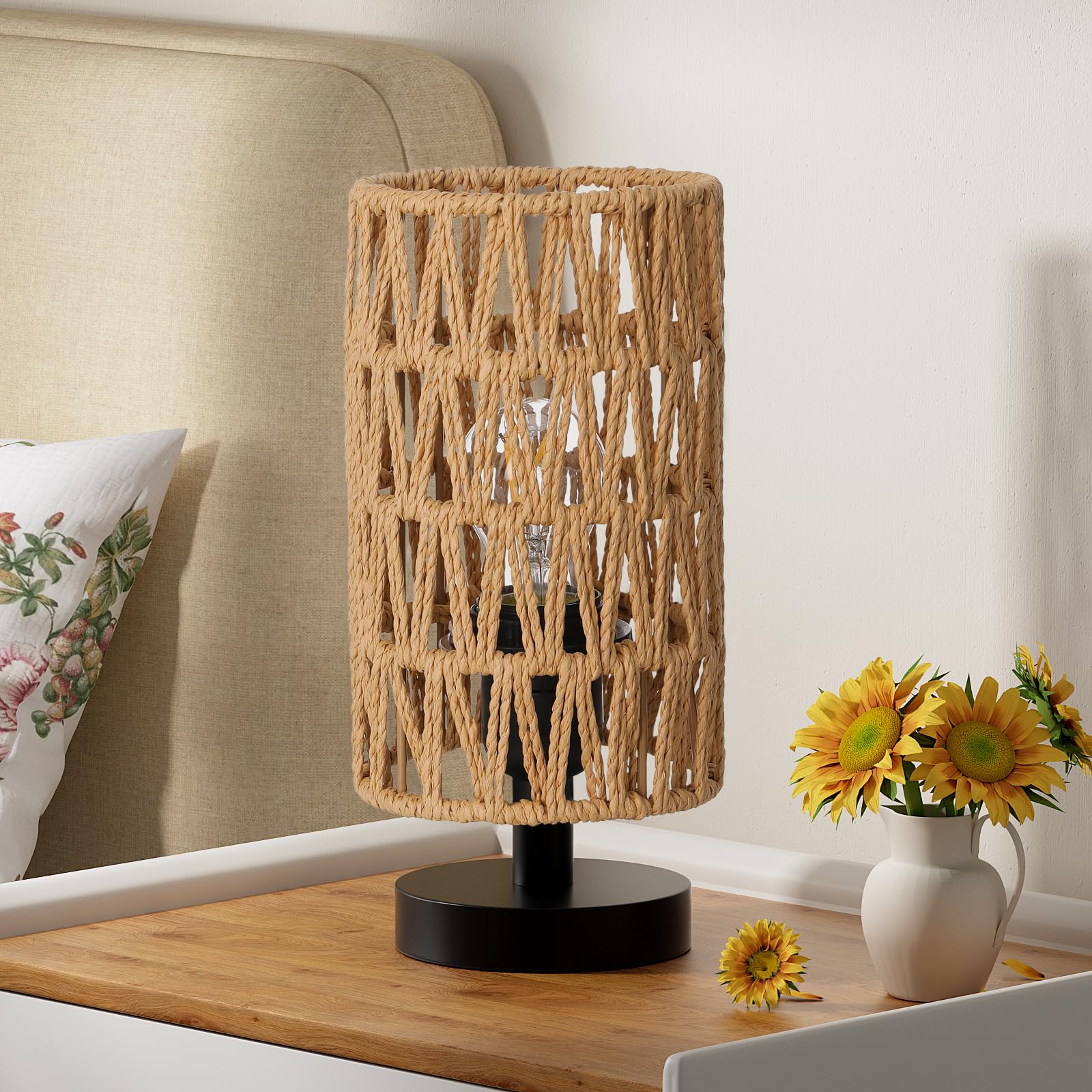 Fenmzee Small Table Lamp for Bedroom - Inline Control, Bedside Lamp with 3000K A15 LED Blub, Easy Assembly(Rattan Rope Shade-Bla