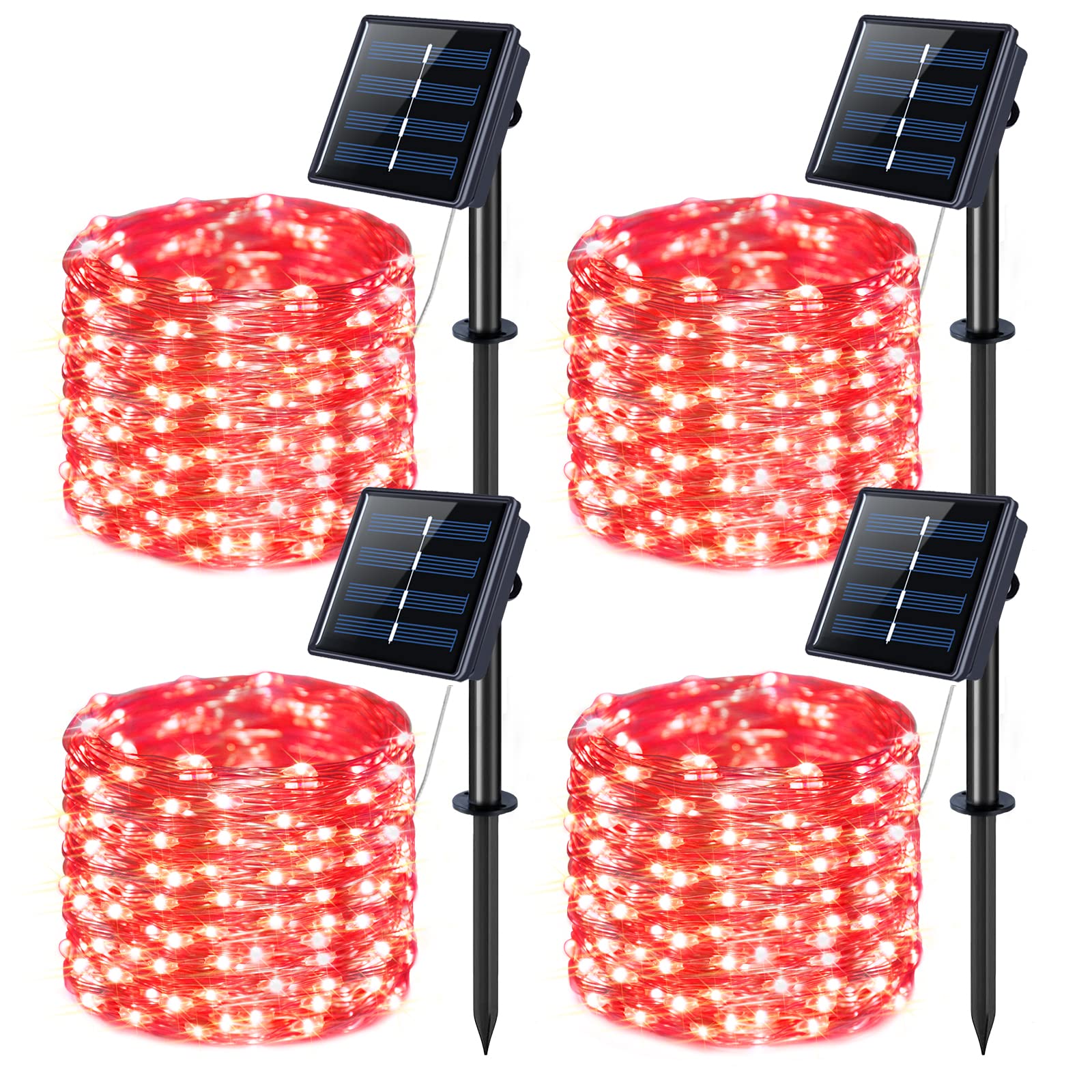 JMEXSUSS 4 Pack Red Solar Christmas Lights, Total 400 LED 132FT Red Solar Fairy Lights Outdoor Waterproof, 8 Modes Copper Wire Solar String Lights for Outside Christmas Garden Patio Yard Tree Decor