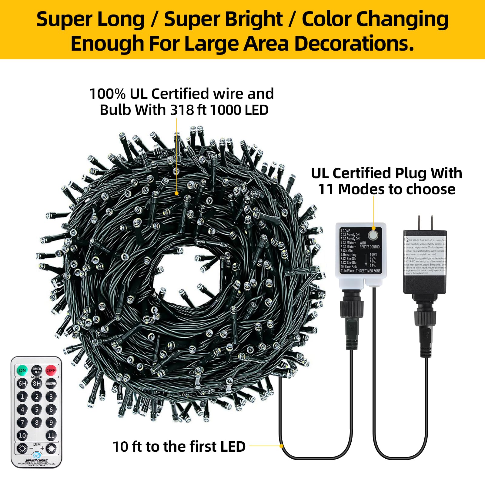 OUTYLTS 1000 LED 328ft 11 Modes with Timer Remote Christmas String Lights IP55 Outdoor Waterproof UL Certificated Indoor Fairy L