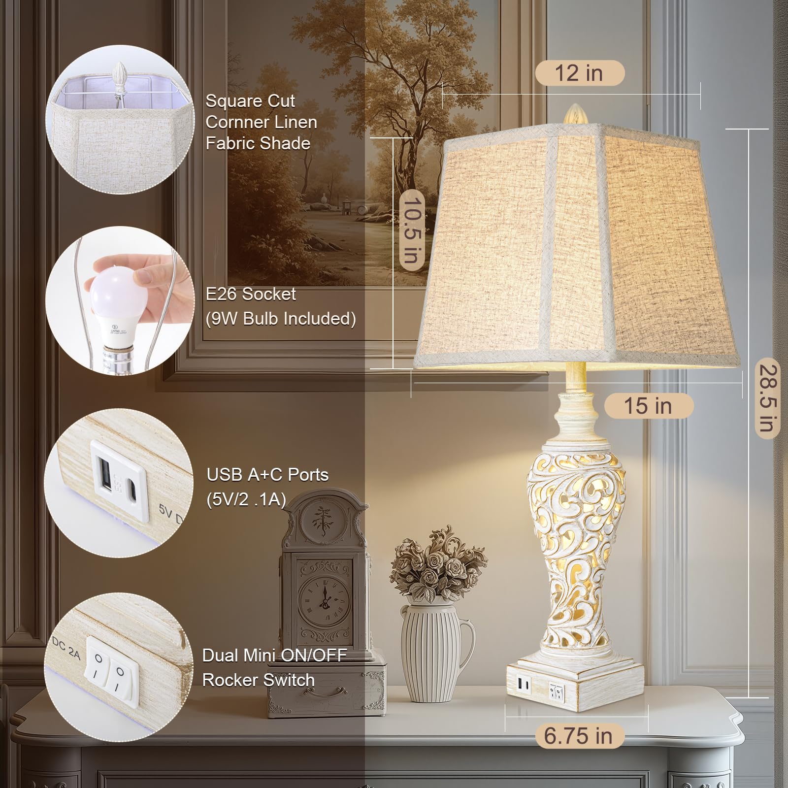 Vintage Table Lamps Set Of 2, 28.5'' High Bedside Lamps With Fabric Shade, Farmhouse Nightstand Lamps With Usb A+C Ports And Nig