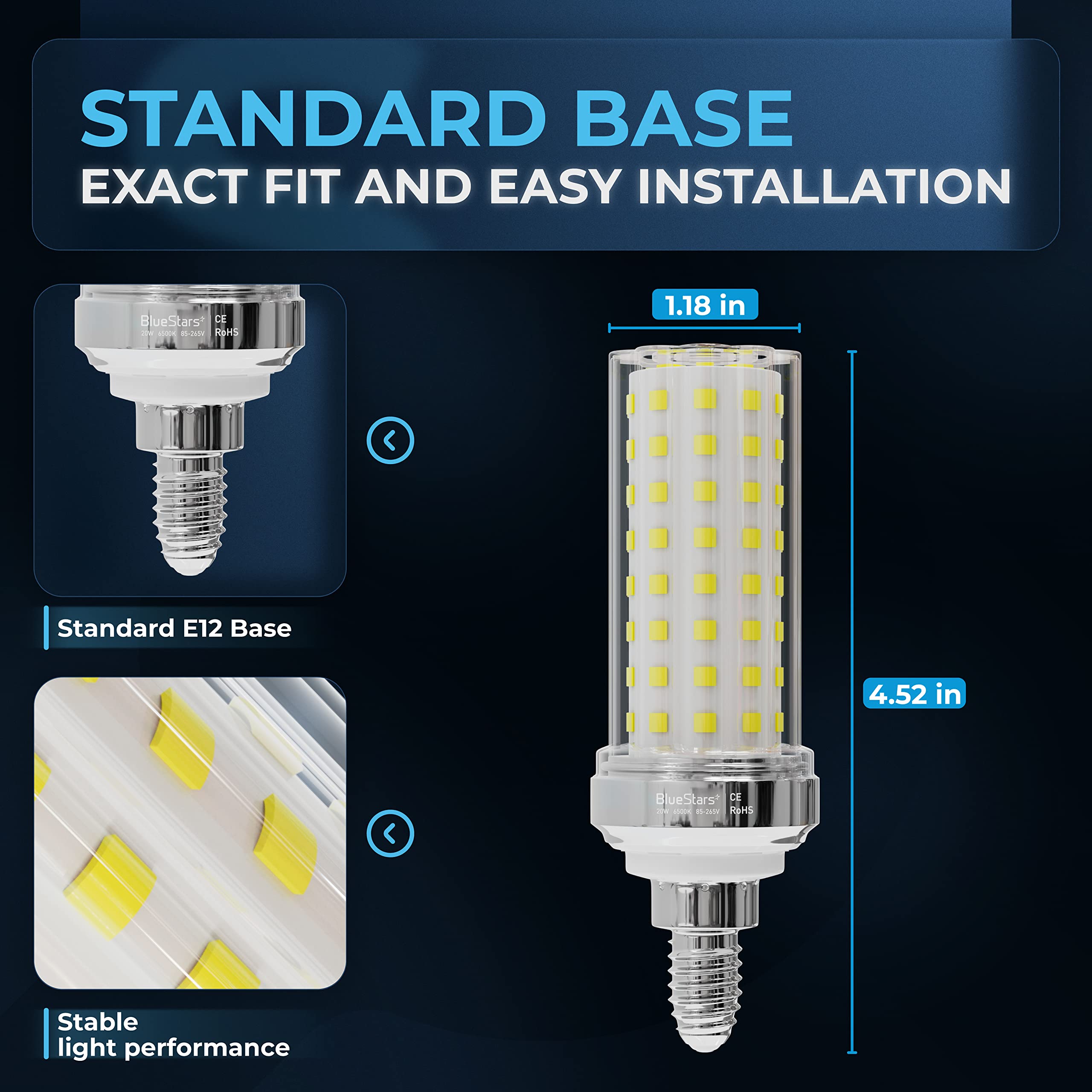BlueStars 4 Packs E12 20W LED Corn Light Bulbs [4.5in], Candelabra Base 150W Equivalent 6500K Cool Daylight Blue White 1600 lume