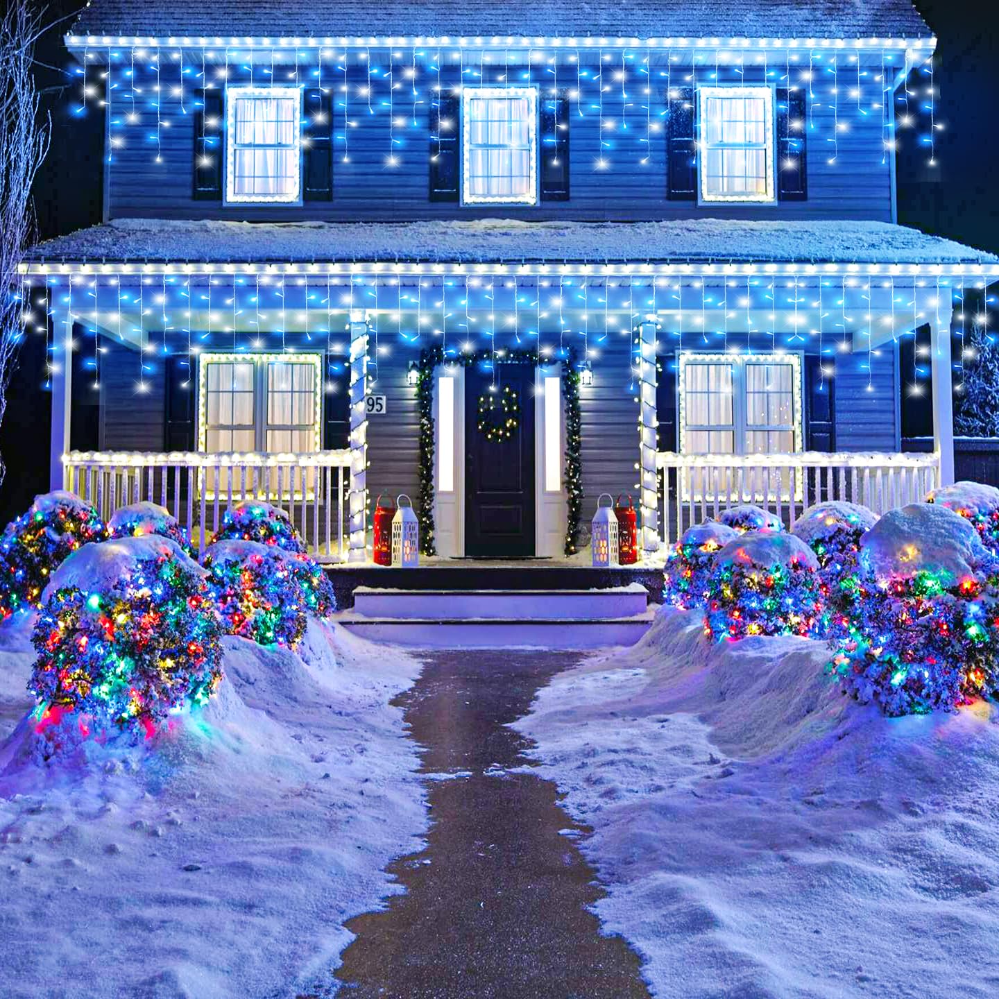 33Ft Blue And White Christmas Lights, 400 Led Icicle Lights For Outside, Clear Wire Connectable Twinkle Lights With 8 Modes Time
