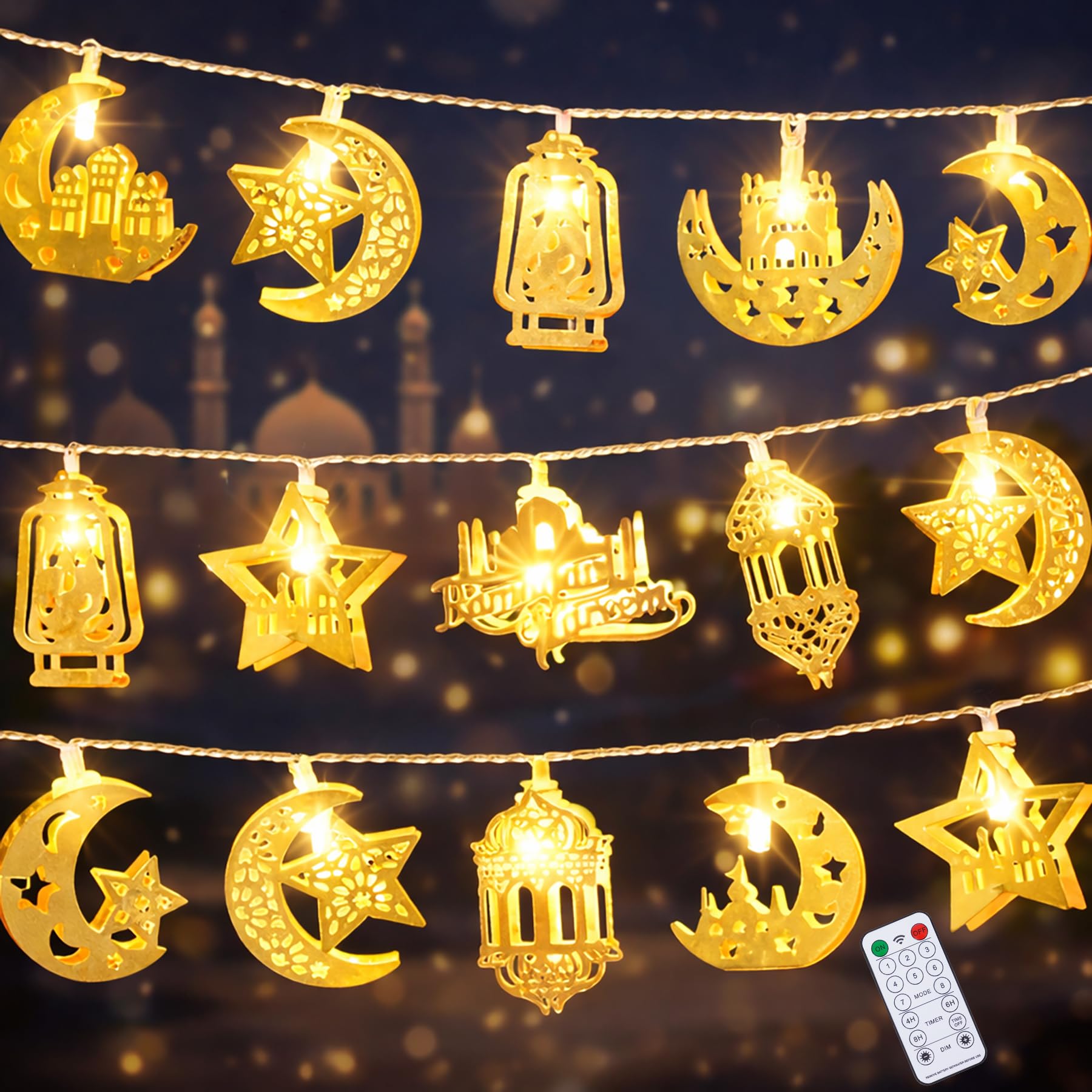 ilifemate Ramadan Decorations String Lights  Metal Moon Star Battery Operated 10ft 20 LED Ramadan Lights with Remote  Timer & 8 Lighting Modes  Islamic Decor for Home Wall Fireplace Eid Mubarak Party