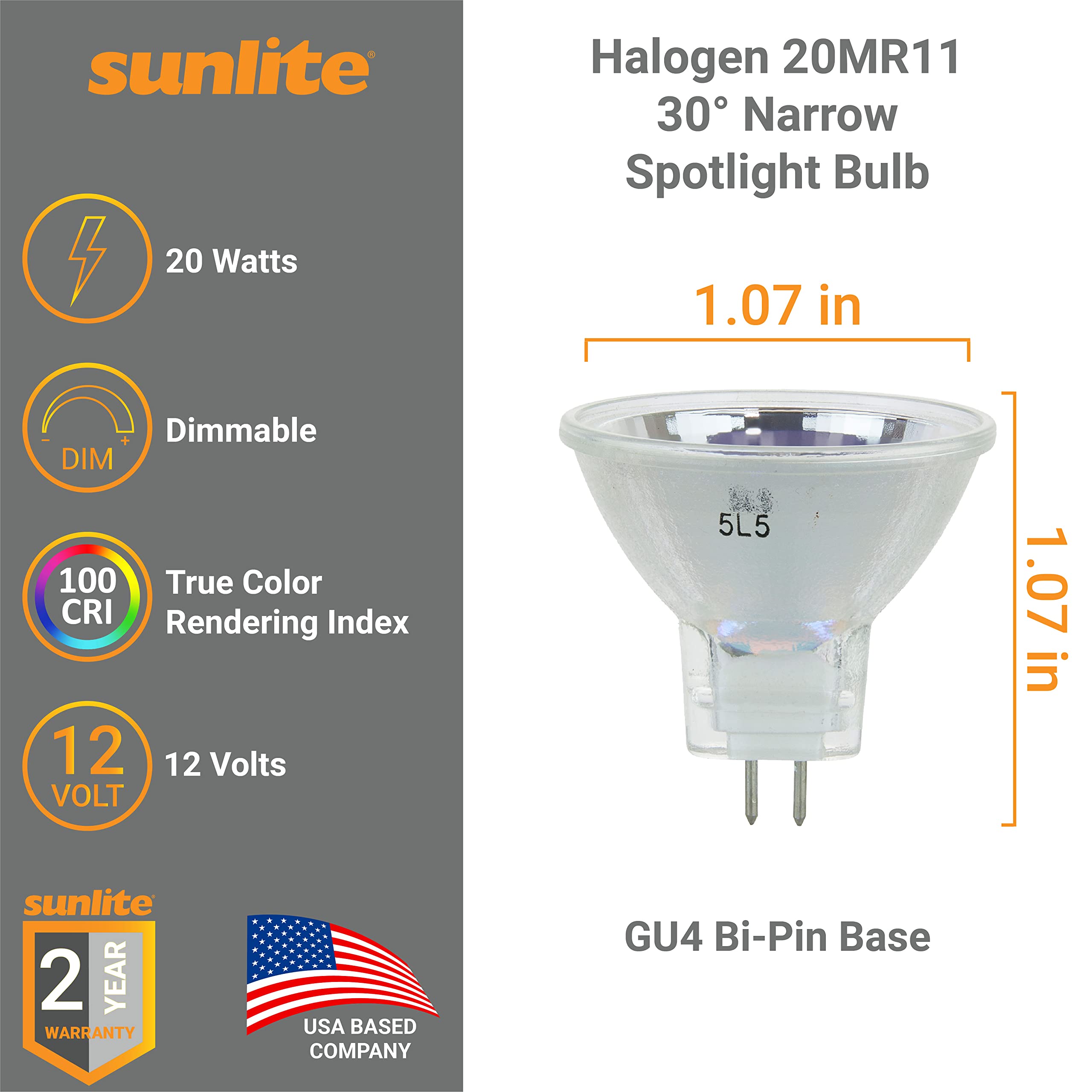 Sunlite Halogen MR11 Narrow Flood Light Bulb 20W 12V GU4 Base Dimmable 3200K Warm White 6 Pack