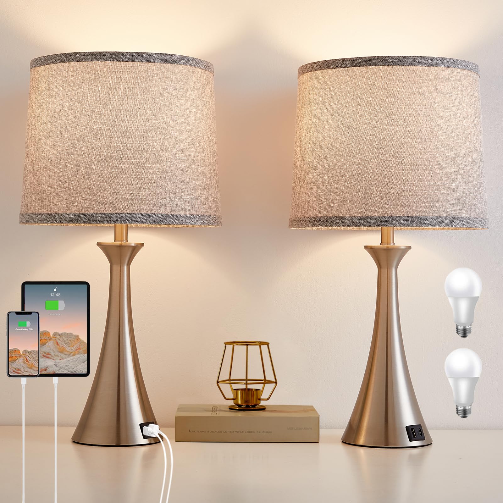 Hikczc Touch Lamp for Living Room Bedroom  21 Table Lamps Set of 2 with USB C+A Ports and Grey Lamp Shades  Touch Bedside Lamps for Nightstand with 3 Way Dimmable  2 LED Bulbs Included  Silver