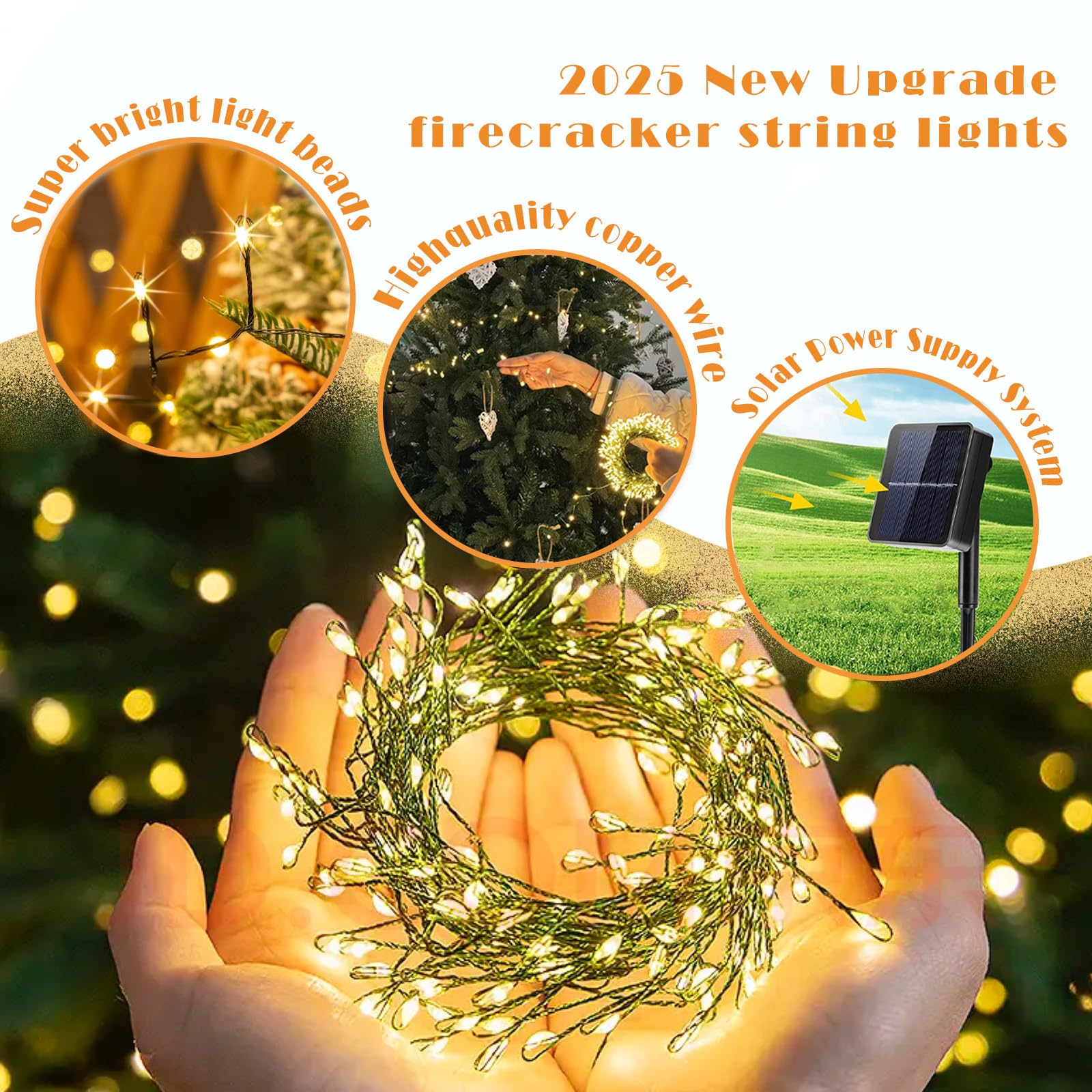 Iticdecor Solar Powered String Lights Outdoor 9.8Ft 120 Led Waterproof Firecracker Fairy Lights With 8 Modes Green Copper Wire F