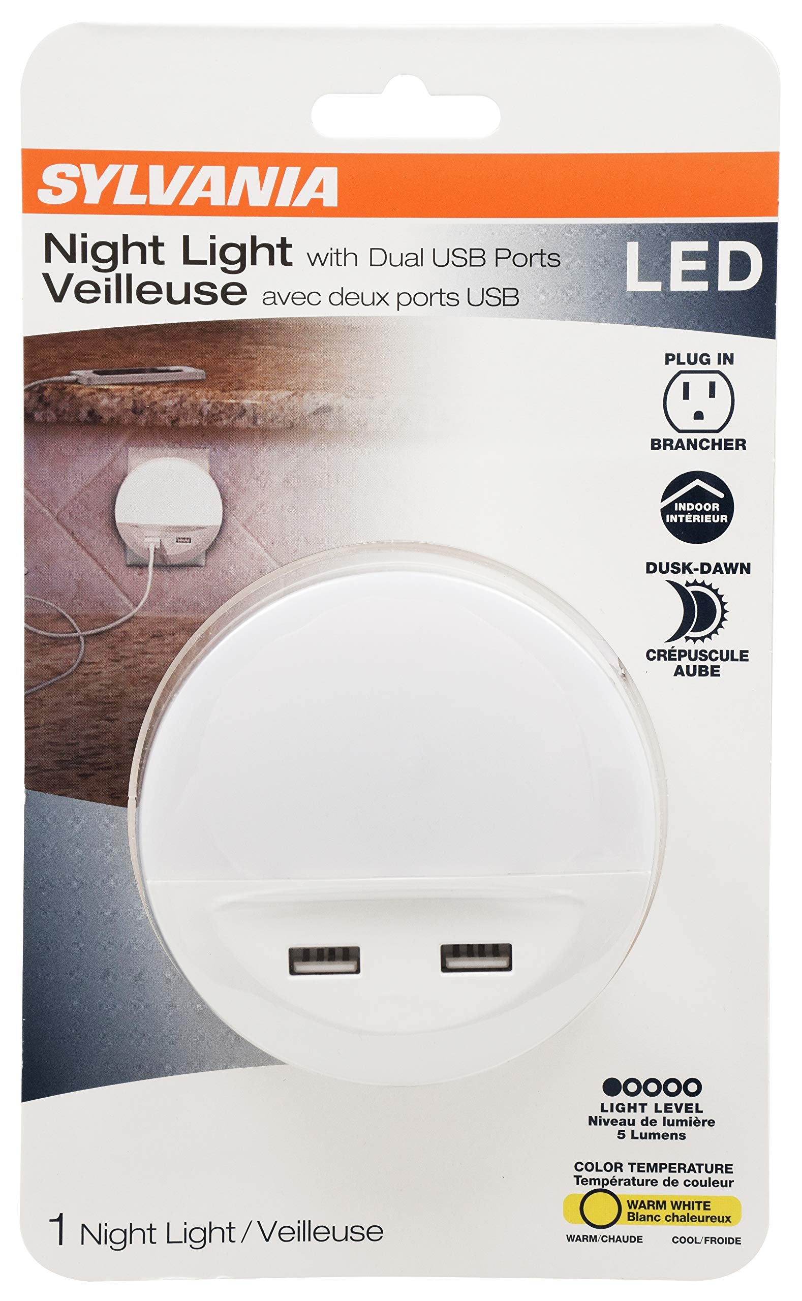 LEDVANCE SYLVANIA LED Night Light with Dual USB Ports, 3000K Warm White, Dusk to Dawn, Frosted Finish, 1 Pack, Model 65005