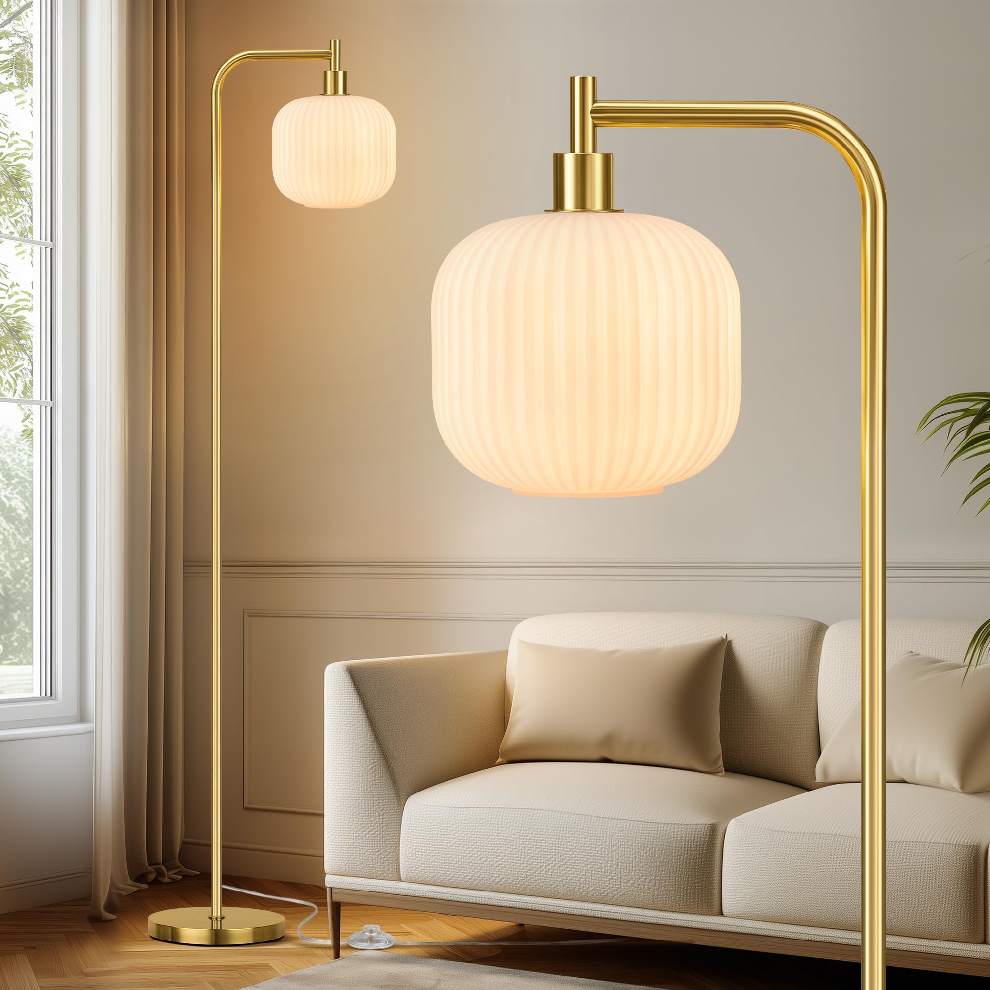 QiMH Glass Floor Lamp for Living Room  67  Modern Standing Lamp with Cream Ribbed Glass Lampshade Pedal Switch Tall Lamp for Bedroom  Brushed Gold (2700K LED Bulb Included)