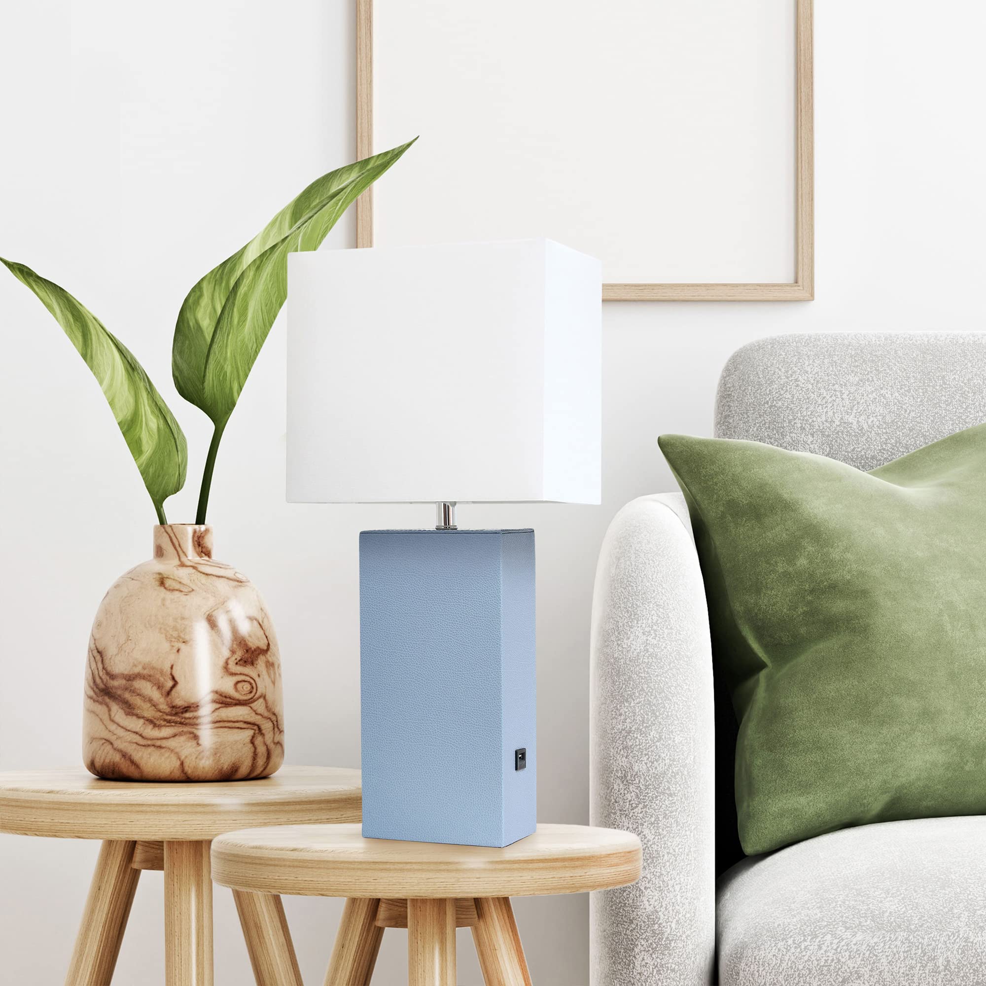 LALIA HOME Bedside Table Lamp with USB Charging, 21in, Leather Base, Periwinkle, Model LHT-3012