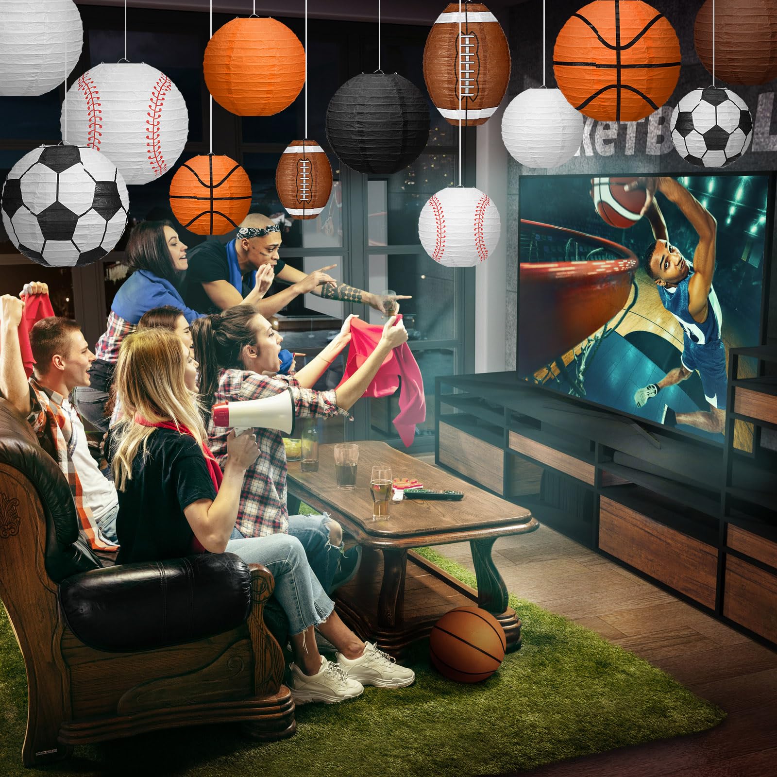 Bencailor 13 Pcs Sports Paper Lanterns - Multicolor Soccer, Baseball, Football, Basketball for Birthday Party Decoration