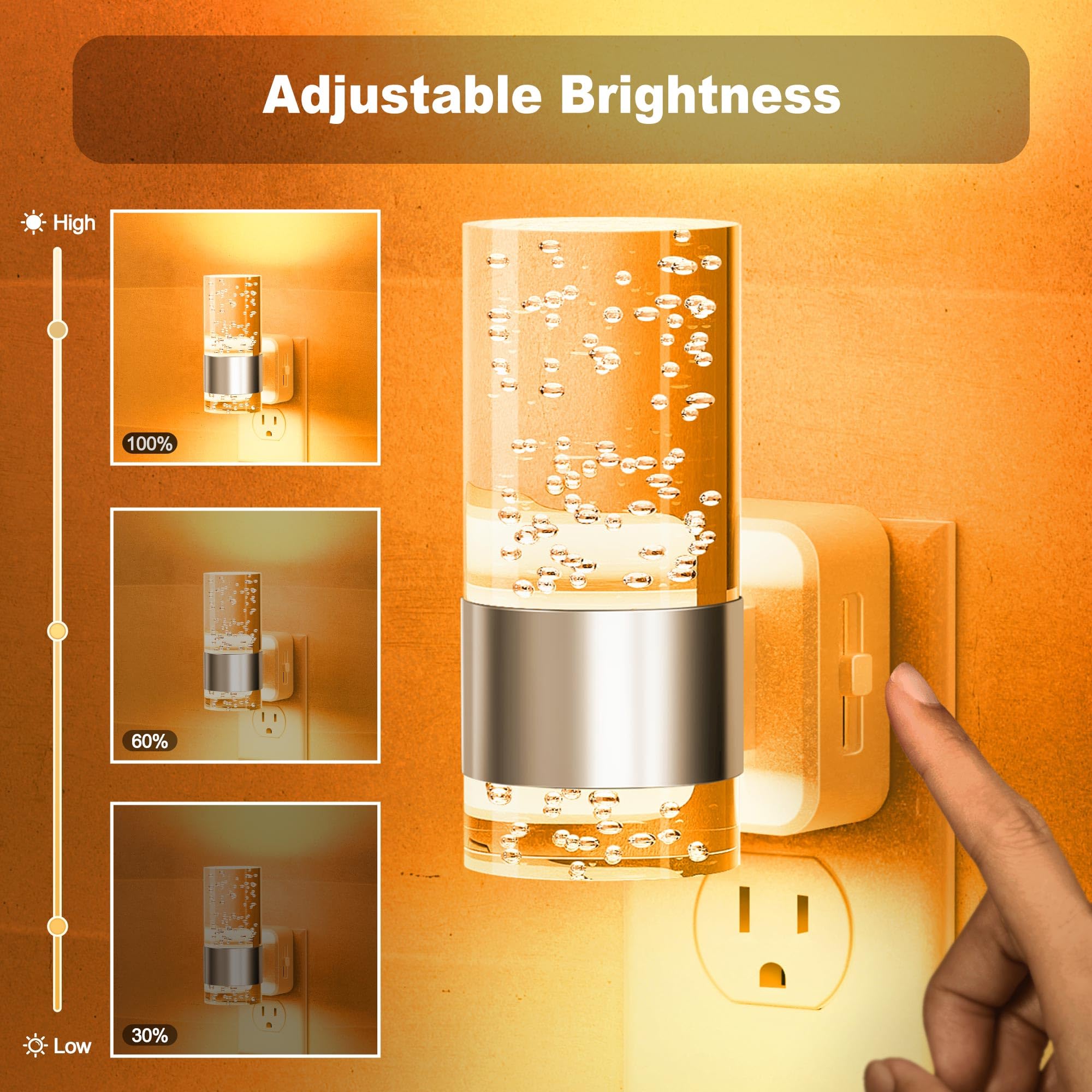 JandCase Night Light 2 Pack, Dimmable LED with Auto Light Sensor, Acrylic, Sliver-Amber, Model GY197