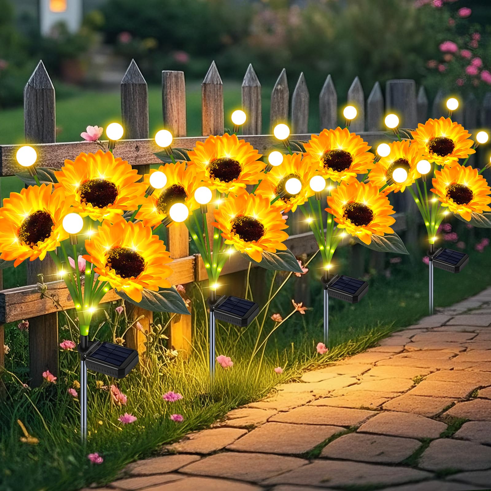 yeuago Solar Sunflower Lights, 4 Pack Firefly Outdoor Decor, Waterproof Garden Lights, Yellow