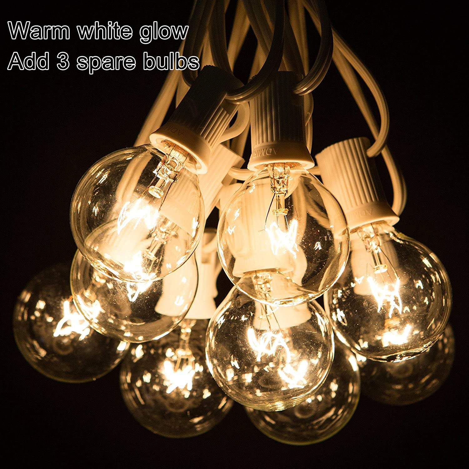 Abeja Outdoor Patio String Lights, 50FT with 53 G40 Glass Bulbs, White, UL Listed for Deck, Porch, Wedding Decor