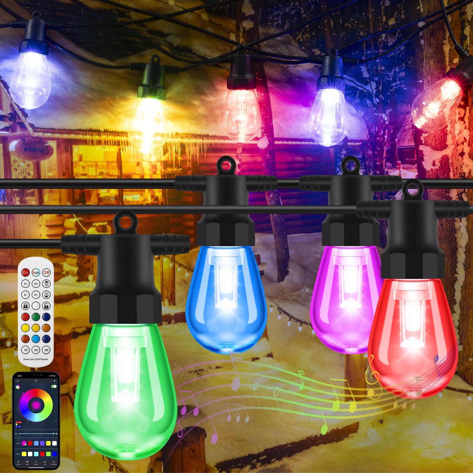 YAIYAN Outdoor String Lights - 50ft Color Changing, Waterproof, 20 Dimmable RGBW Bulbs, Remote & App Control, Shatterproof, Multicolor