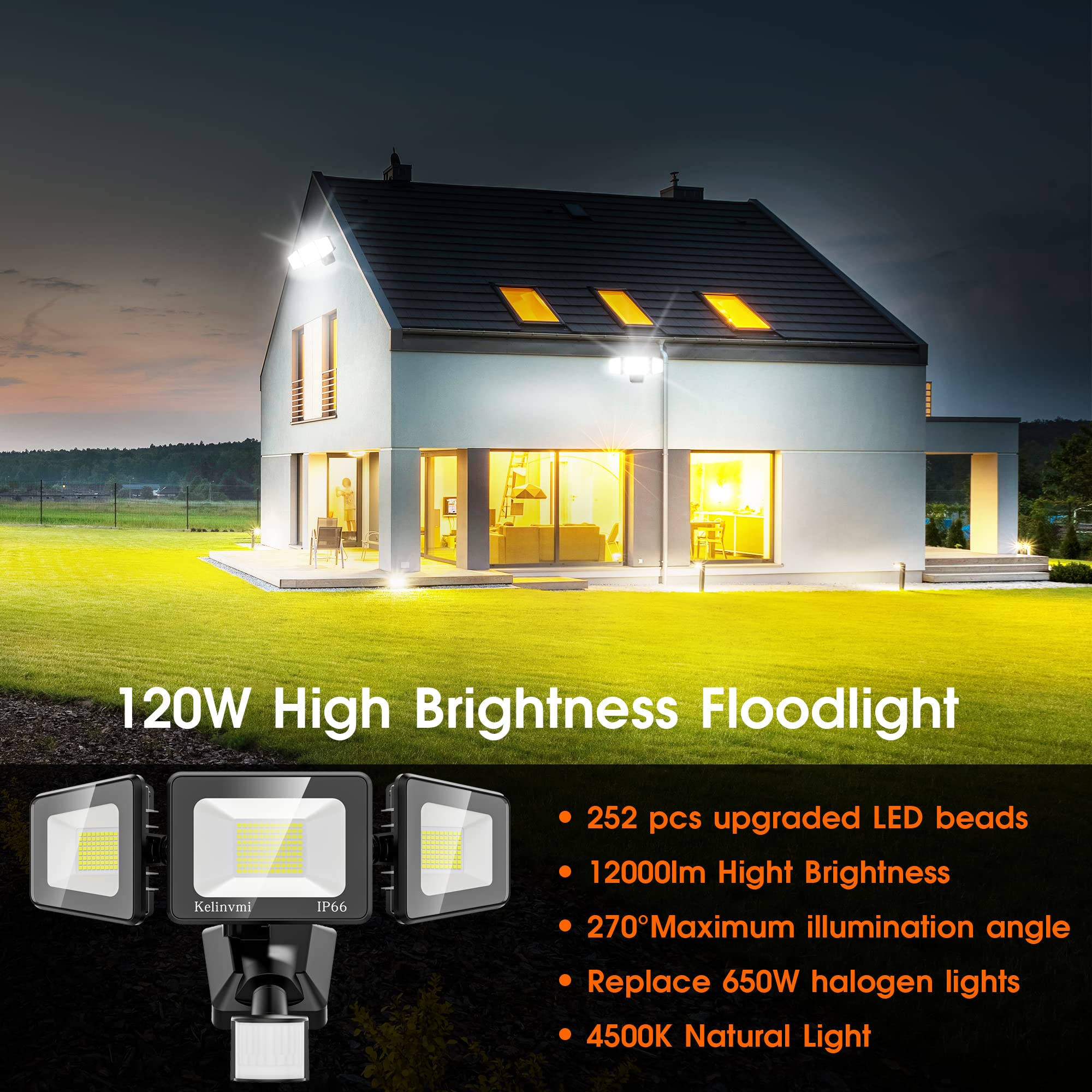 Kelinvmi 120W Led Flood Lights Outdoor With Motion Sensor, 12000Lm 4500K Daylight, Ip66 Waterproof Dusk To Dawn Outdoor Security