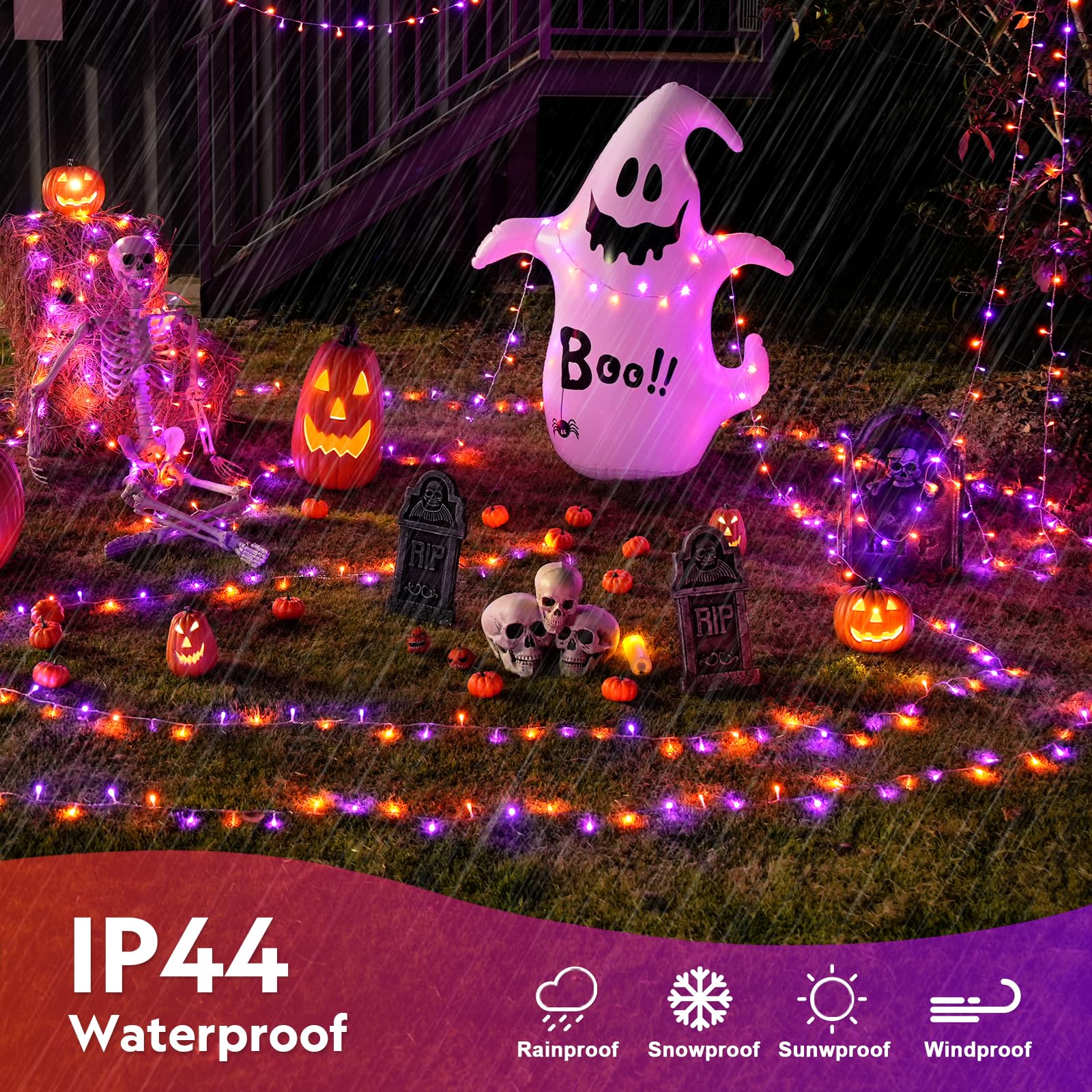 JMEXSUSS Halloween String Lights, 400LED, 132ft Clear Wire, 8 Modes, Orange and Purple, Model EXS-S-0400-R