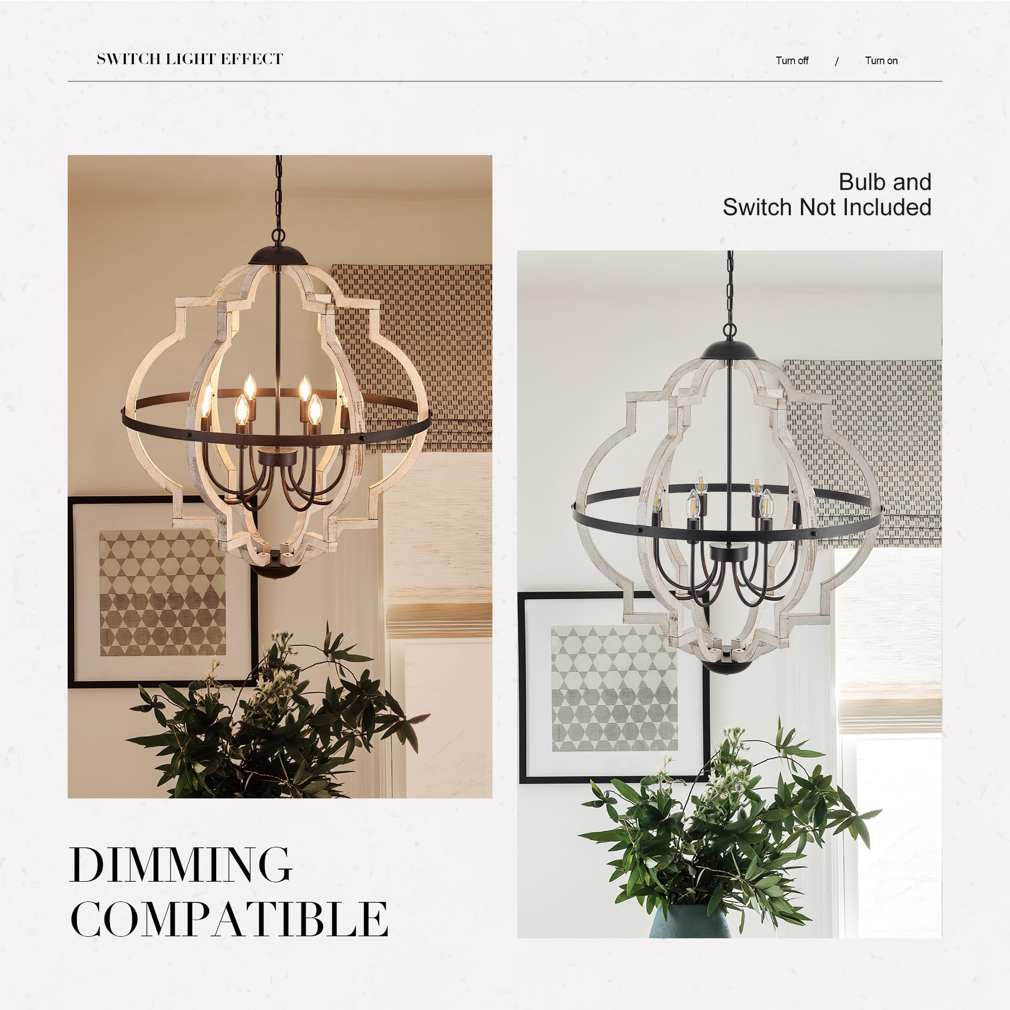 TACDANDM 31.5'' 8-Light Farmhouse Chandelier, Vintage Rustic White Wood Pendant Light for Dining Room, Model DG-021-8