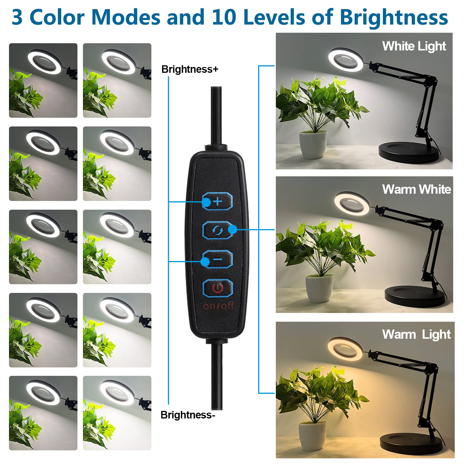 Hitti ?Upgraded? 5X Led Magnifying Lamp, 1,800 Lumens Stepless Dimmable, 3 Color Modes, 8-Diopter 4.2 Real Glass Lens Magnifier