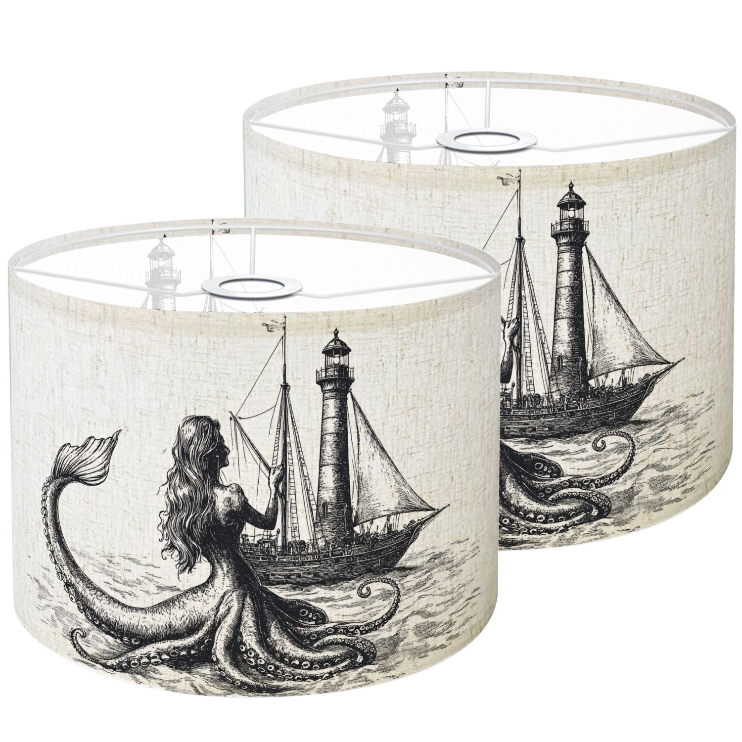 Lamp Shades Set of 2 Blue Deep Sea Toile Octopus Sailing Ship Lighthouse Ocean Waves Ink Drum Lampshades 8.9x11x11 for Table Lam