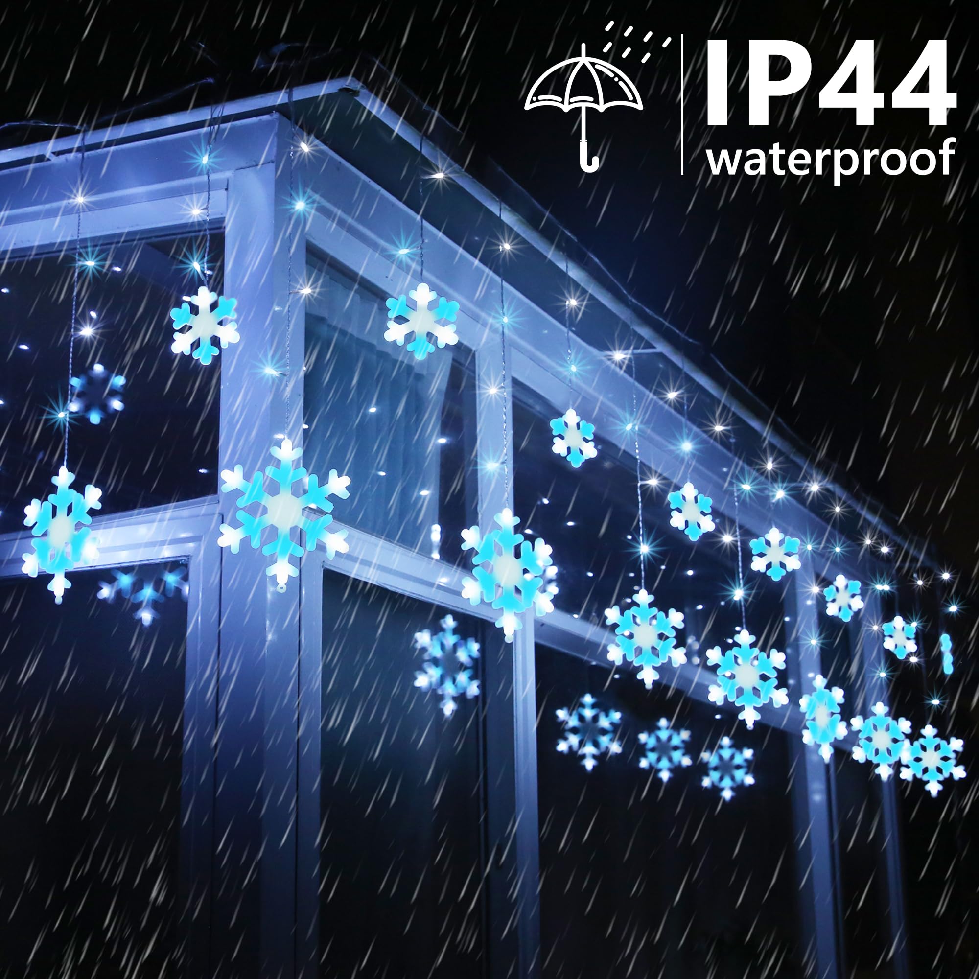 Toodour 17.22ft LED Snowflake Lights - 264 Waterproof Icicle Lights in White & Ice Blue, 8 Modes, Model LED08240264