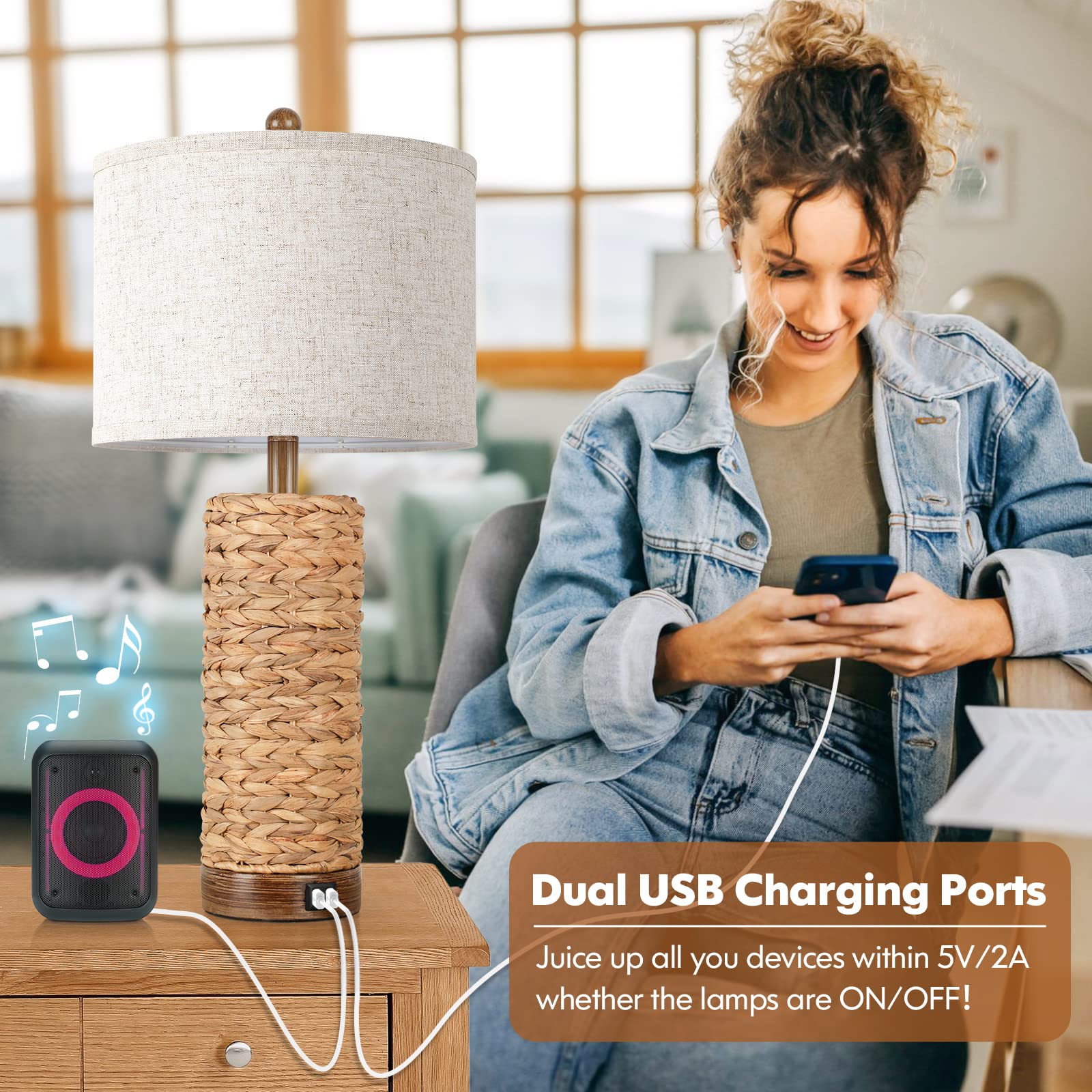 Rattan Table Lamp For Living Room With 2 Usb Ports, 27In Tall Bedroom Table Lamp With Hand-Made Seagrass Base, Rustic Farmhouse