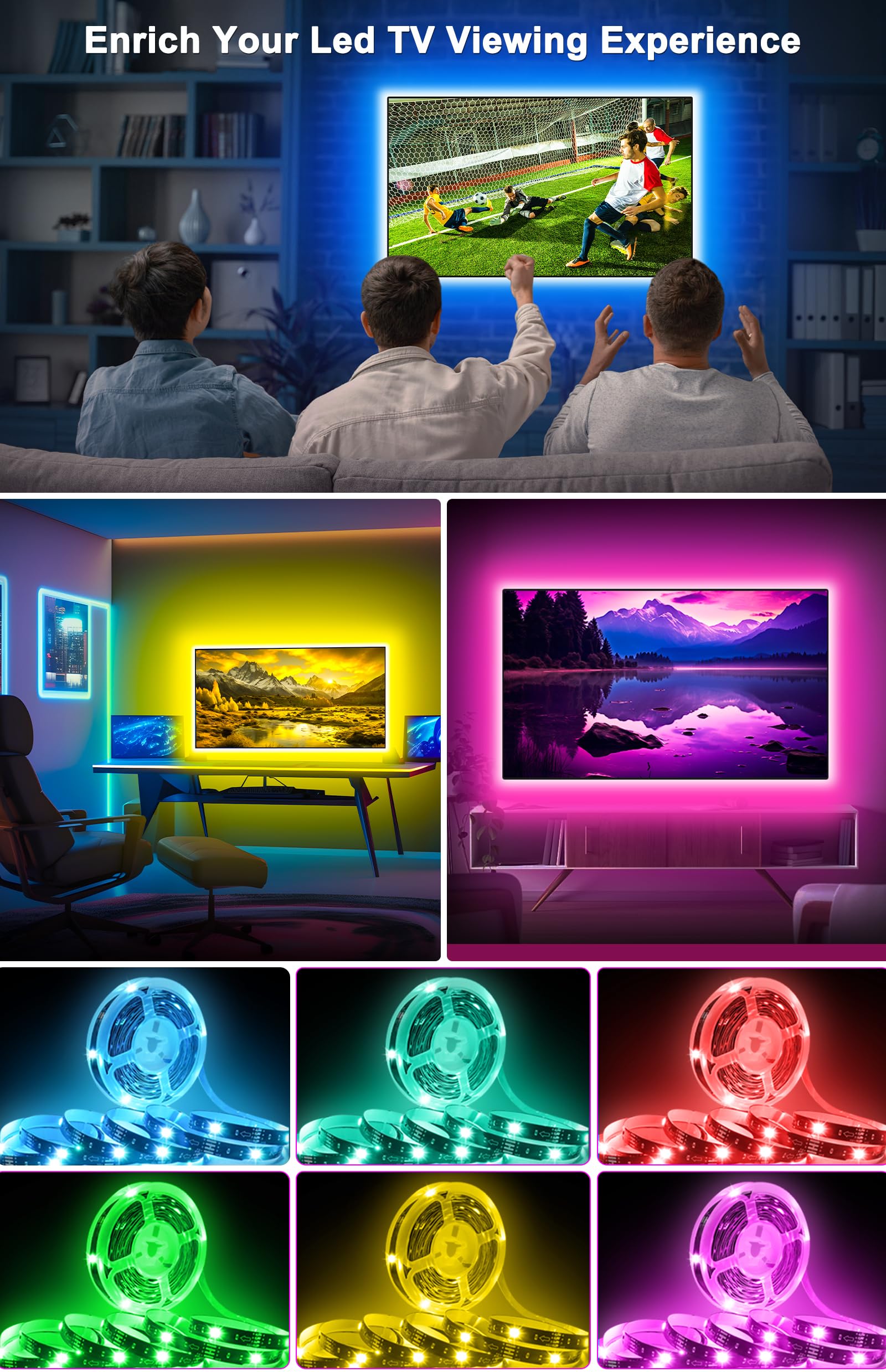 Daymeet LED TV Lights RGB Backlight, 16.4ft for 65-85in TV, Multicolor, Model XR-CAQCX5M03, Music Sync, USB Bluetooth APP