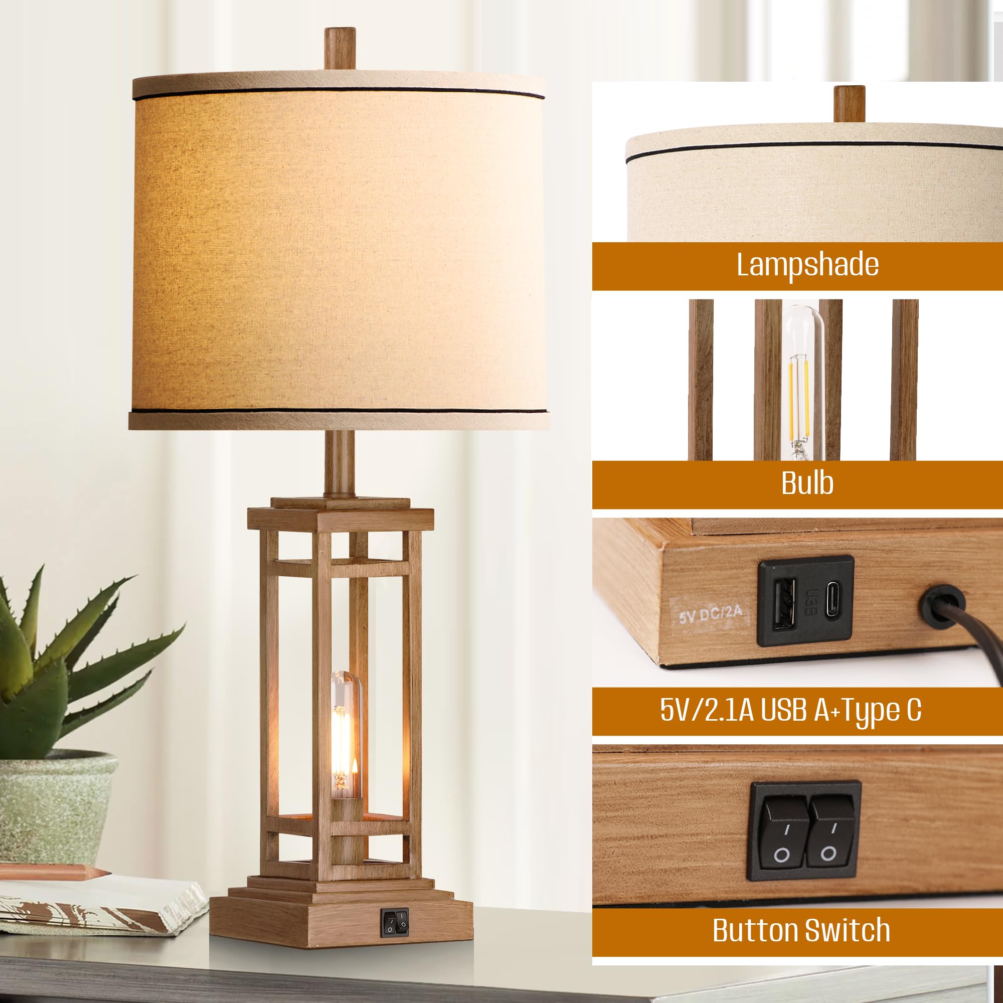 Rottogoon Rustic 27.5&quot; Farmhouse Table Lamps Set Of 2 With Usb Ports - Black Metal & Wood