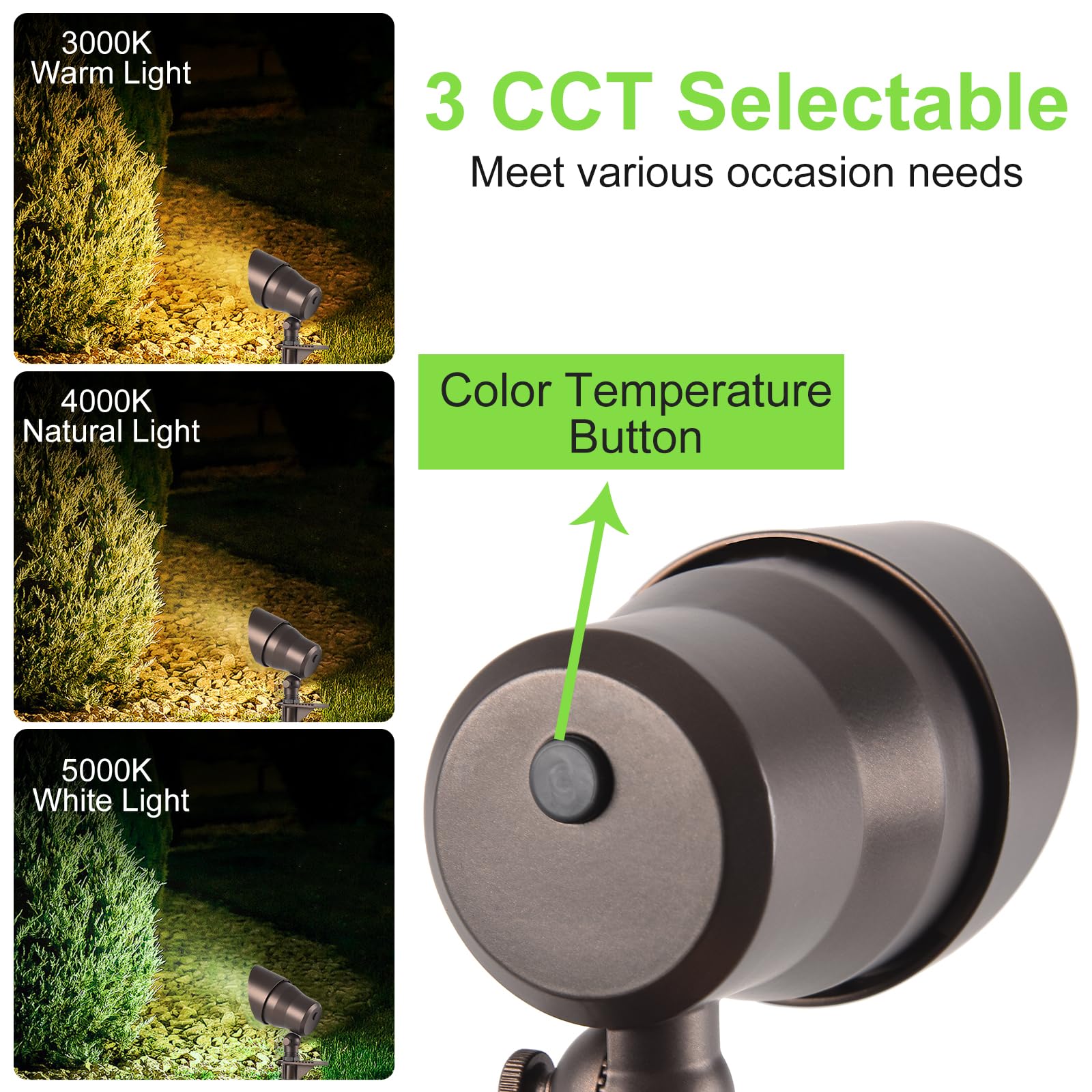 Glitgate 3Cct Landscape Spotlight Low Voltage, 5W 12-24V Cri90+ Led Landscape Lights 3000K 4000K 5000K Selectable, Ip65 Waterpro