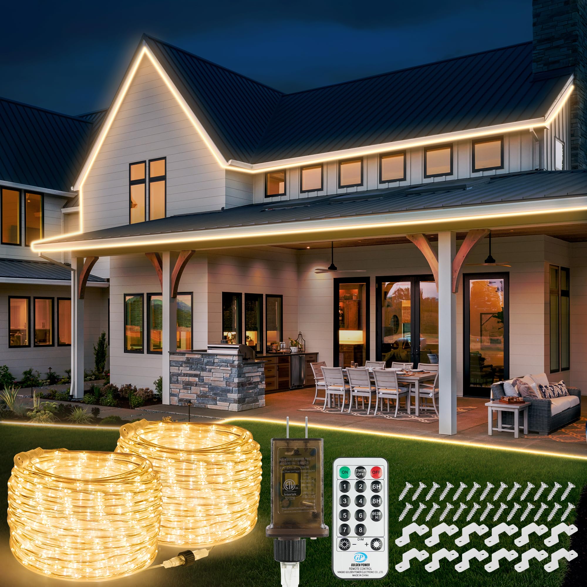 OMIKA 100ft LED Rope Lights, Warm White, 1200 LEDs, Plug-in, Waterproof Decorative Lighting for Outdoor and Indoor Use, Model DY-OA08-20