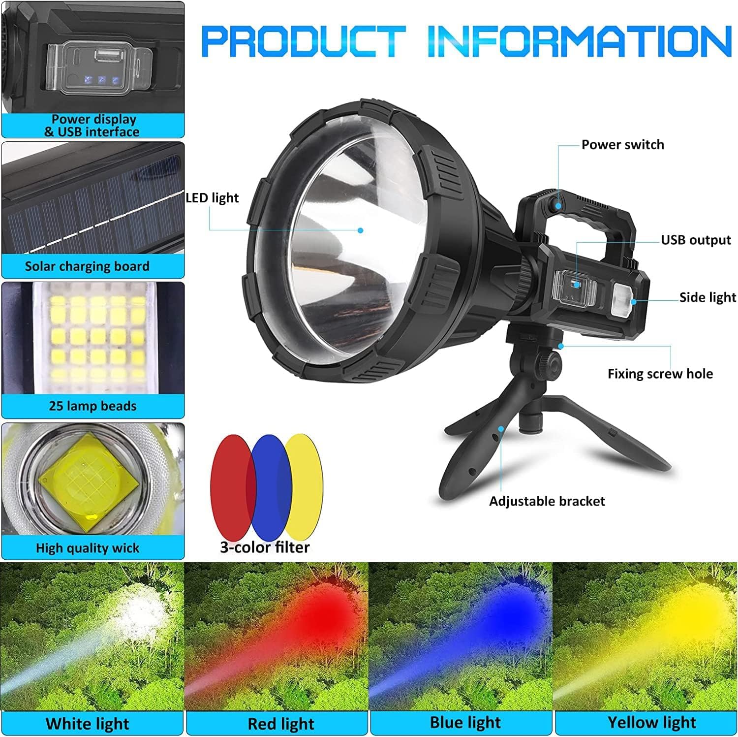 Foleto Rechargeable Spotlight Flashlight, 2500 Lumens, IPX5 Waterproof, XHP90 Model, XXL Large, Ideal for Camping, Hiking, Fishing