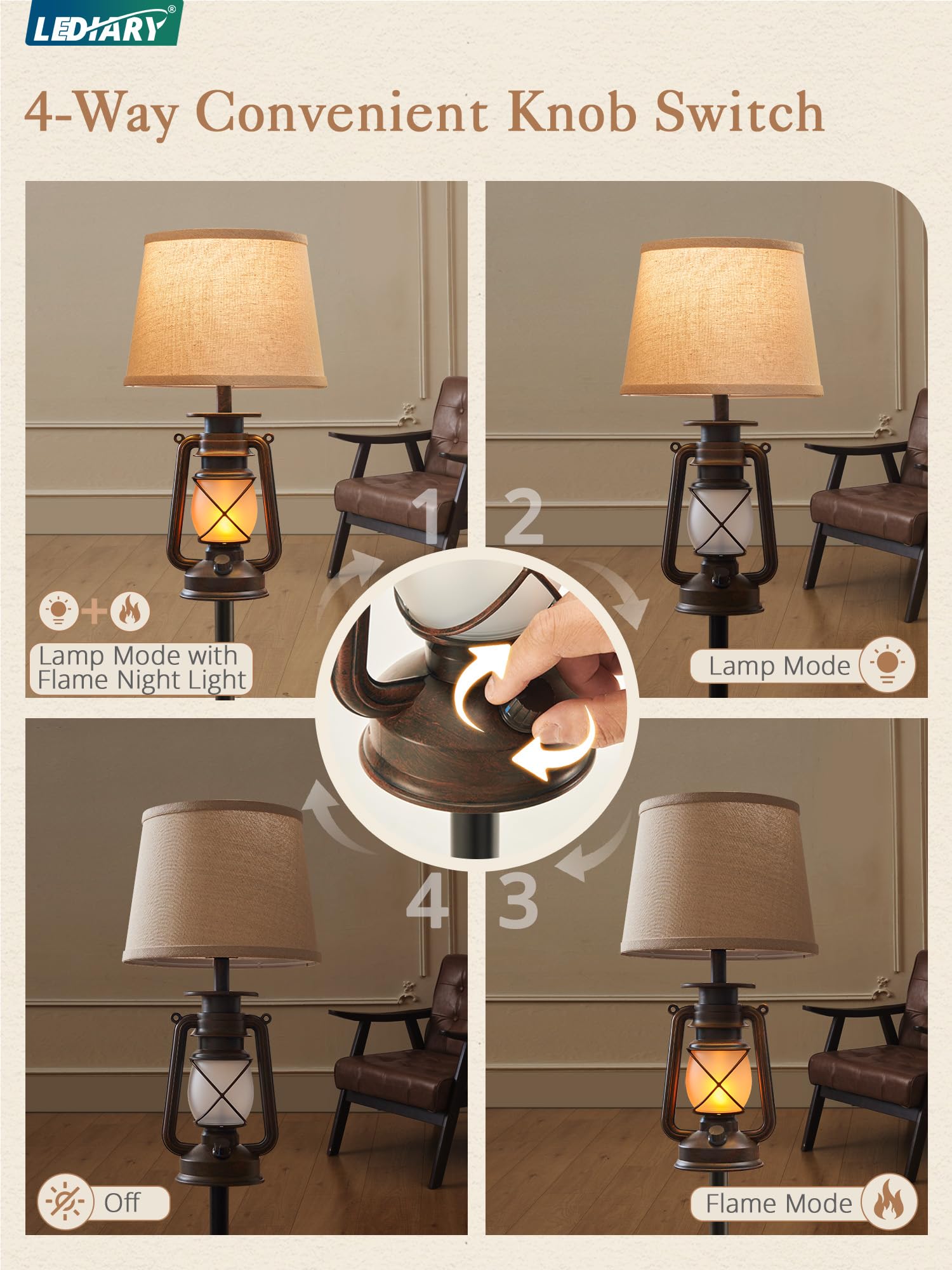 LEDIARY LED Flashing Flame Night Lantern Floor Lamp, Rustic Bronze with Beige Linen Shade, Perfect for Living Room & Bedroom Decor