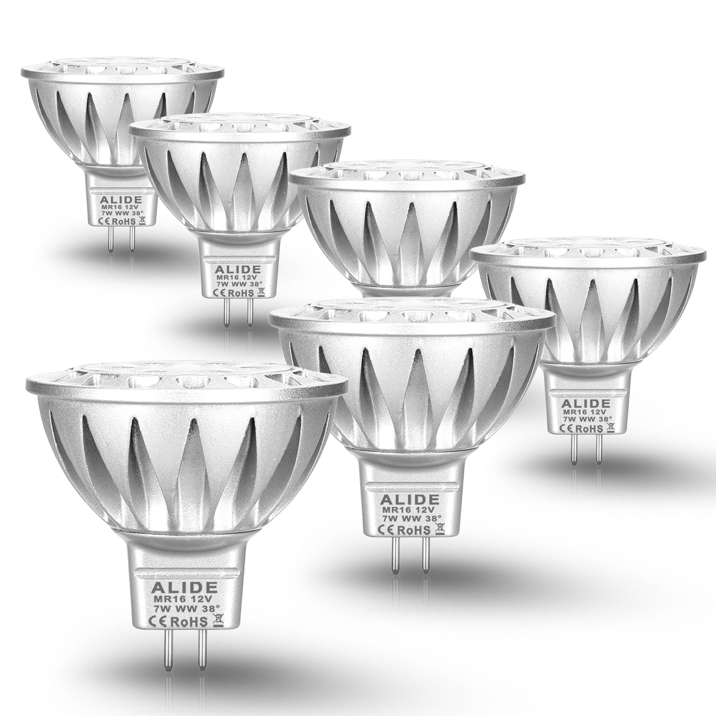 Alide Mr16 7W Led Bulbs Replace 50W 75W Halogen  Gu5.3 Mr16 2700K Warm White 12V Low Voltage Mr16 Bulb Spotlight For Outdoor Landscape Flood Track Recessed Track Lighting 600Lm 38 Deg 6 Pack