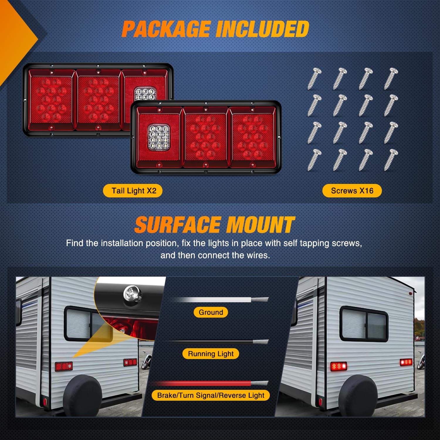 Nilight LED Triple Tail Light - 2PCS Rectangle, 36LED, Waterproof, Model TL-197, Red Stop Brake Turn Signals, White Reverse Lights