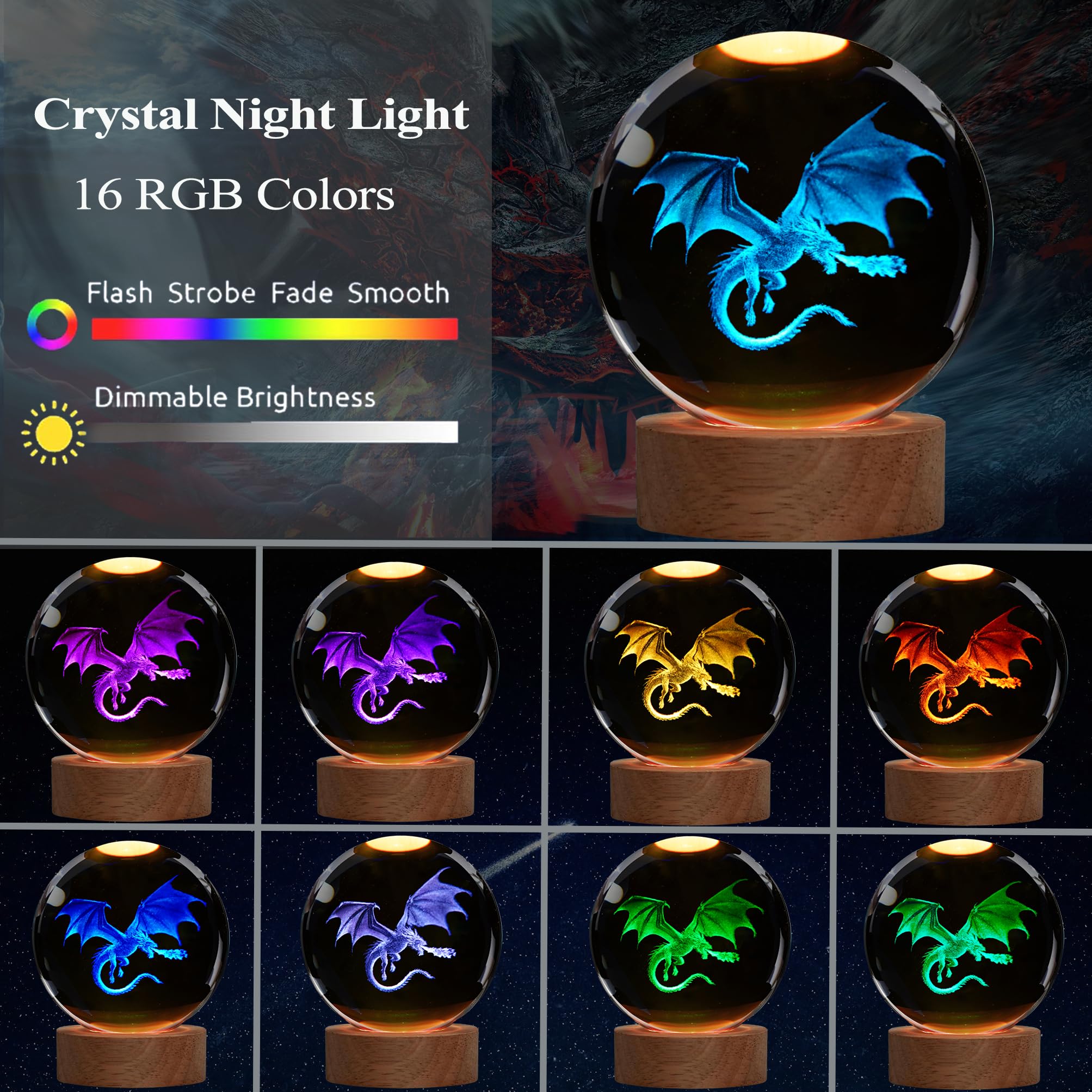 Posshe Dragon Night Light, 3.15 Inch (80Mm) Crystal Ball 3D Lamp With Remote 16 Color For Birthday Xmas Cool Figurines Dragon Gi