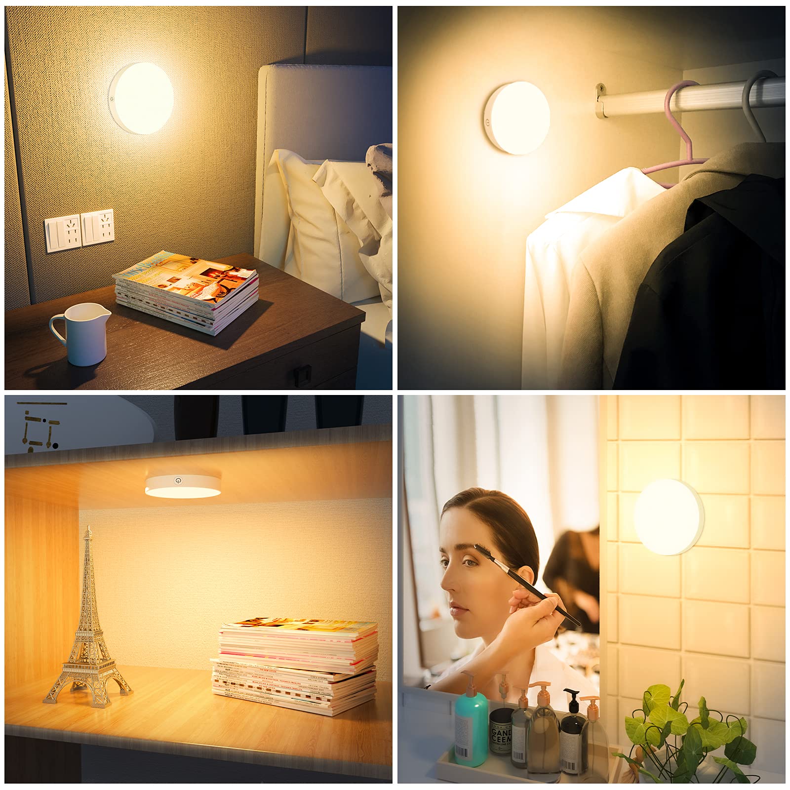 Ferswe Dimmable Touch Lights - 3000K Rechargeable, 1000mAh Battery, Stick-On Design for Closet, Cabinet, Shelf, Wall, Desk - White (2 Pack