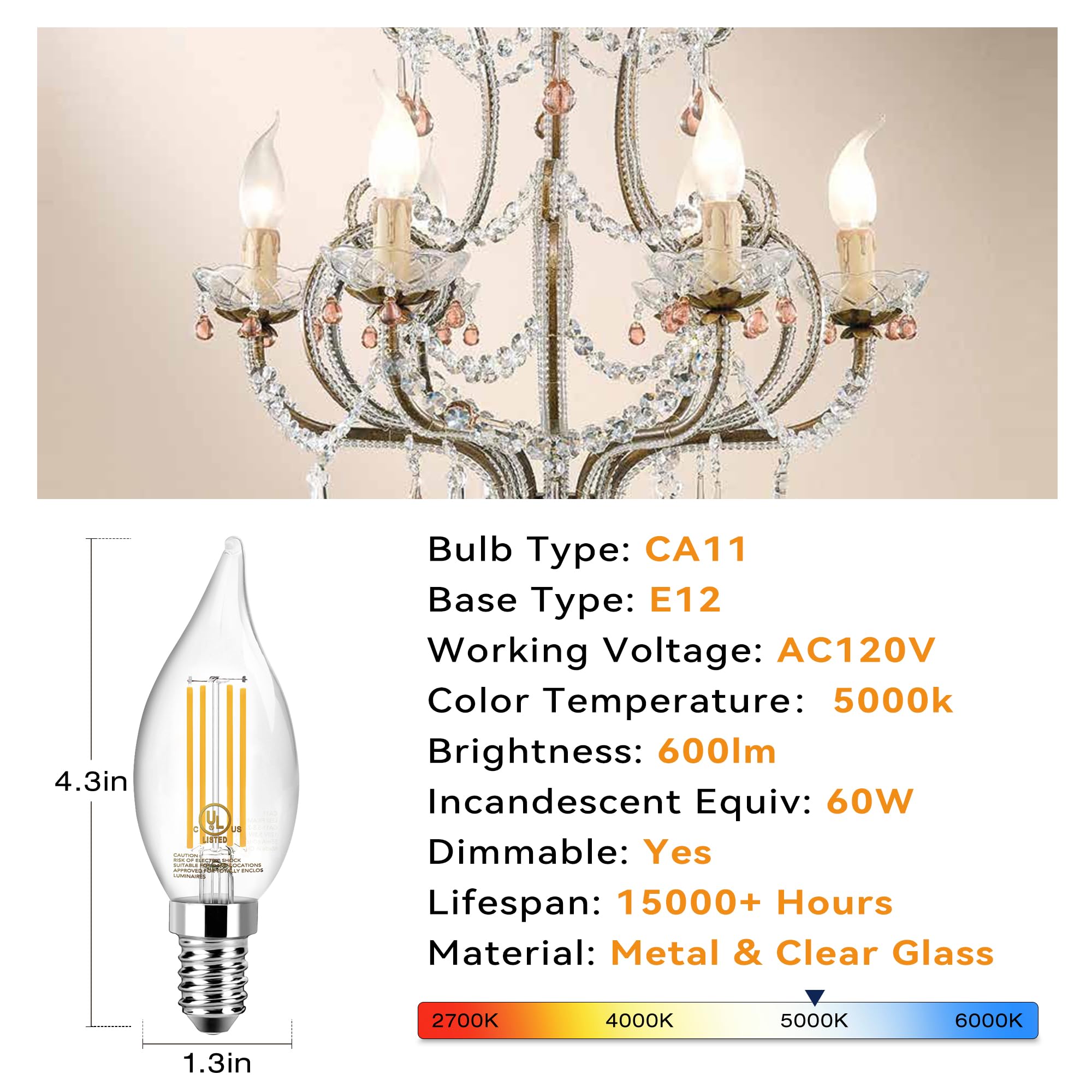 Tjoy Led Candelabra Bulb Dimmable, 60W Equivalent Led Chandelier Light Bulbs, 5.5W 5000K Daylight 600Lm Ca11 Flame Tip Vintage Filament Candle Light With Decorative E12 Candelabra Base, 12 Pack