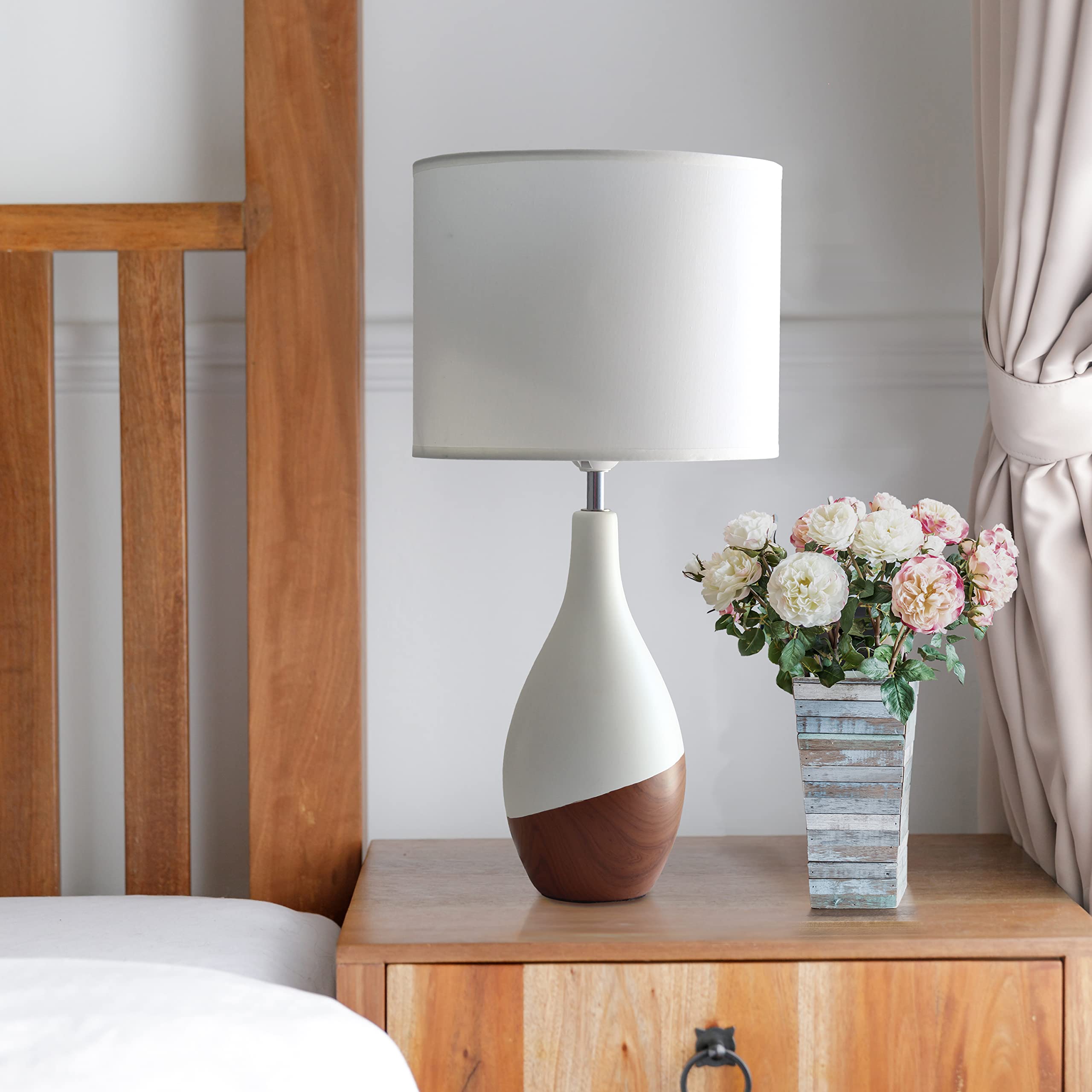 Simple Designs LT1118-DWD Bedside Table Lamp, Asymmetrical Line, Off White/Dark Wood, 9.45inL x 9.45inW x 19inH, Ceramic Shade