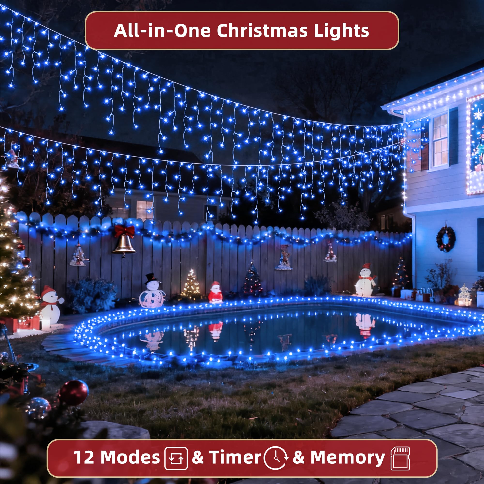 YHBJKCZ LED Christmas Lights - 66ft Blue Twinkling Lights, 670 LEDs, 148 Drops, 12 Modes, Dimmable, Timer, Waterproof