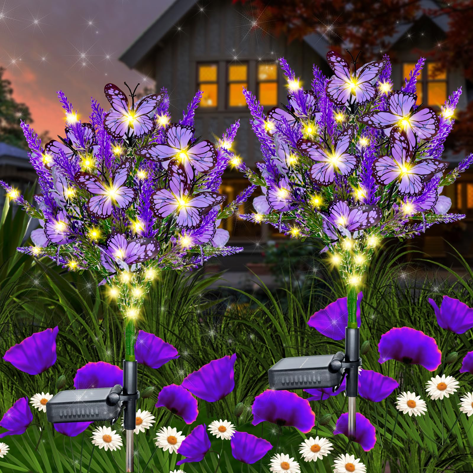 Solar Garden Flower Lights Artificial Lavender Outdoor Lights with Butterflies Waterproof for Yard Patio Lawn Pathway Landscape 