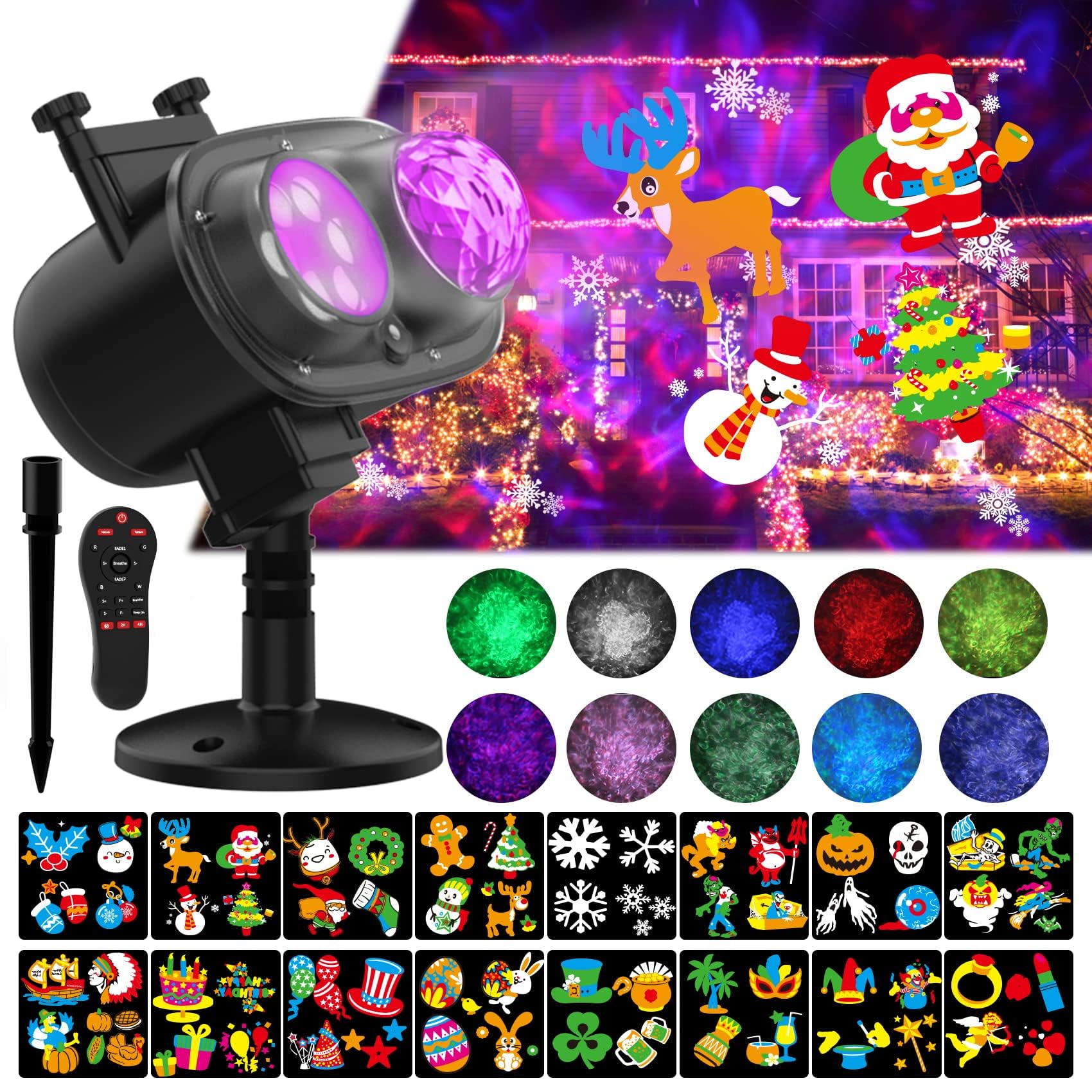 SOMKTN Slide Show Christmas LED Holiday Projector Outdoor, Waterproof 2-in-1 Ocean Wave Effect Christmas Projector Lights with 16 Slides Patterns & 10 Colors for House Garden Yard Xmas Decorations