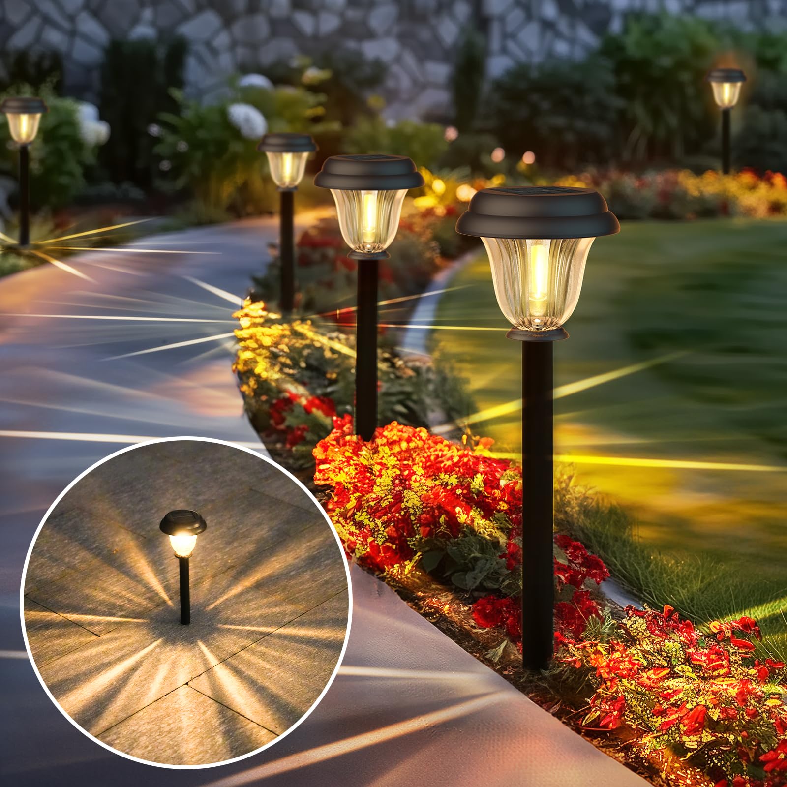 Deraysion Solar Lights Outdoor 6 Pack, Stainless Steel Glass Solar Pathway Lights, Auto On/Off Long-Lasting Ip65 Waterproof Land