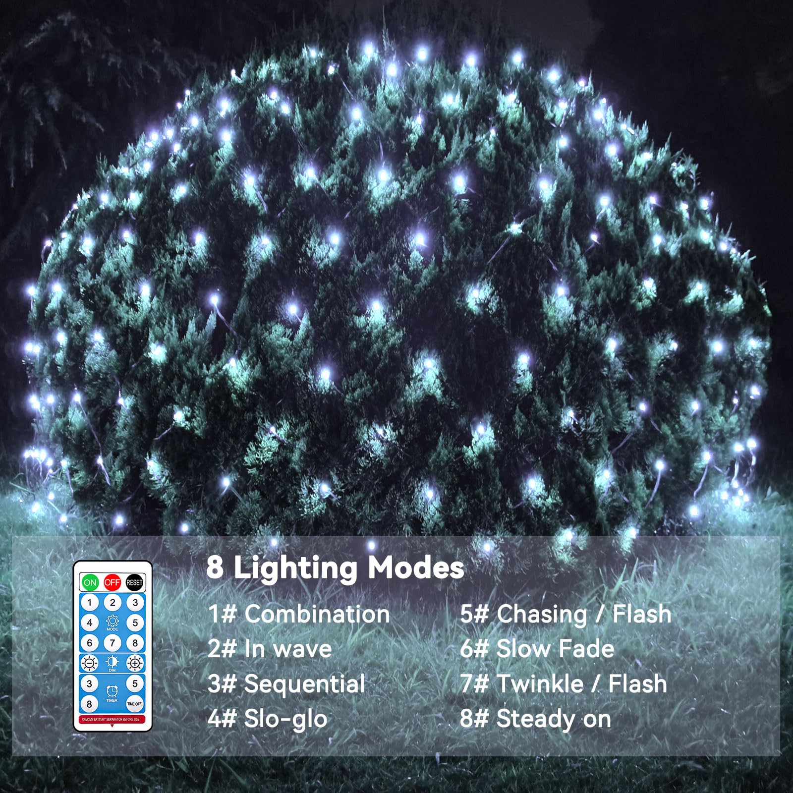 FunNite Solar Net Lights 21ft x 5ft, 360 LED Waterproof Mesh, Remote Control, Cool White, Model LR-(1-1000) L-SL01