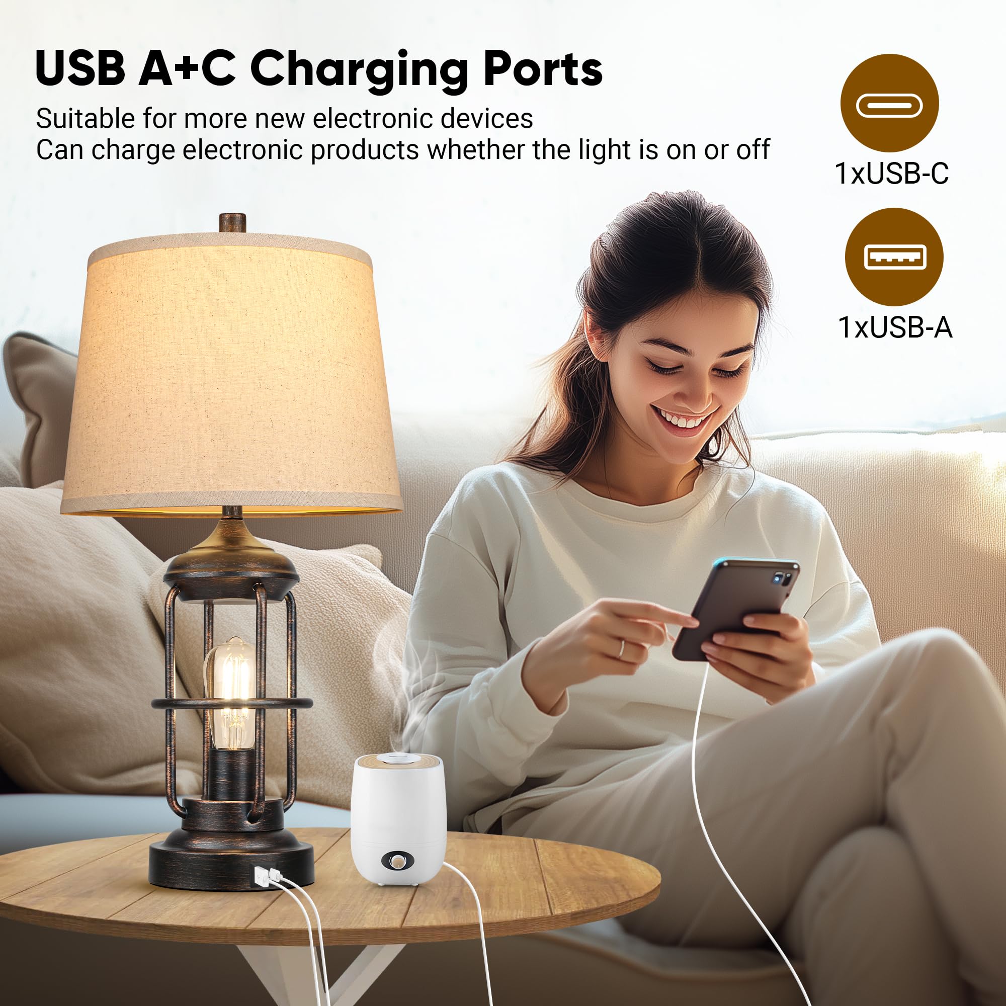 Qimh Table Lamp For Living Room With Usb A+C Ports, Farmhouse Bedside Lamp With Nightlight, 3-Way Dimmable Touch Control, Retro
