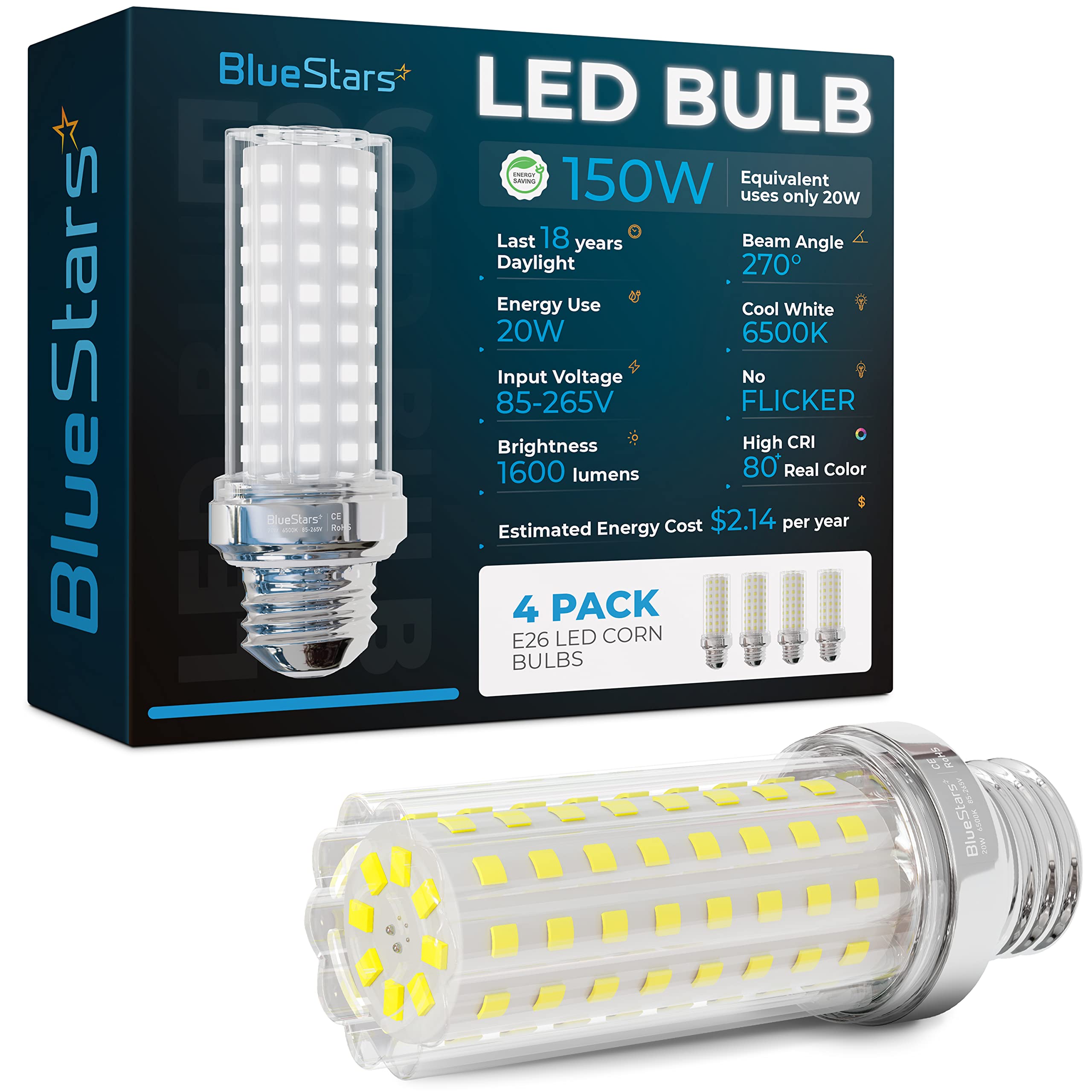 BlueStars 4 Packs E26 LED Corn Light Bulbs 20W Super Bright, 150W Led Corn Cob Light, 6500K Daylight White, 1600 lumens, Non-dim