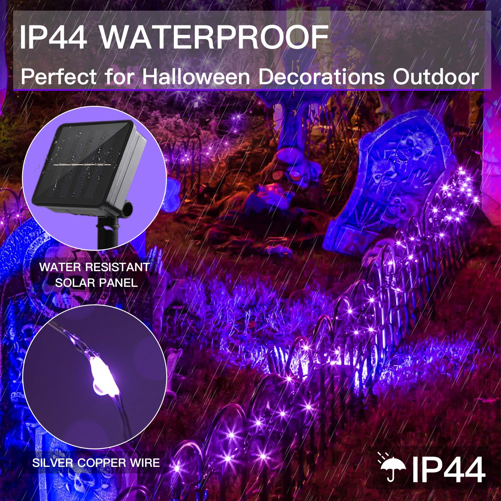 Suddus Halloween String Lights Solar Powered, 2 Pack Total 66Ft 200 Led Purple Solar Lights Outdoor Waterproof, 8 Modes Purple Halloween Lights For Porch Tree Garden Patio Yard Party Decorations
